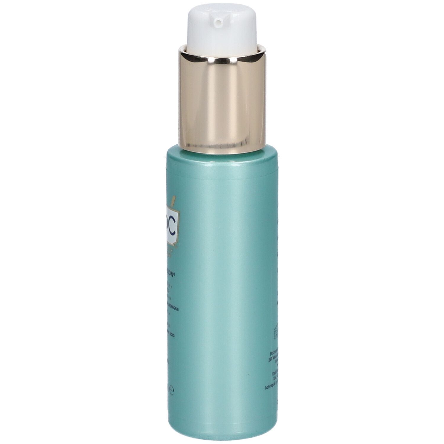 Vista laterale del flacone idratante RoC Multi Correxion turchese con pompa. Testo.