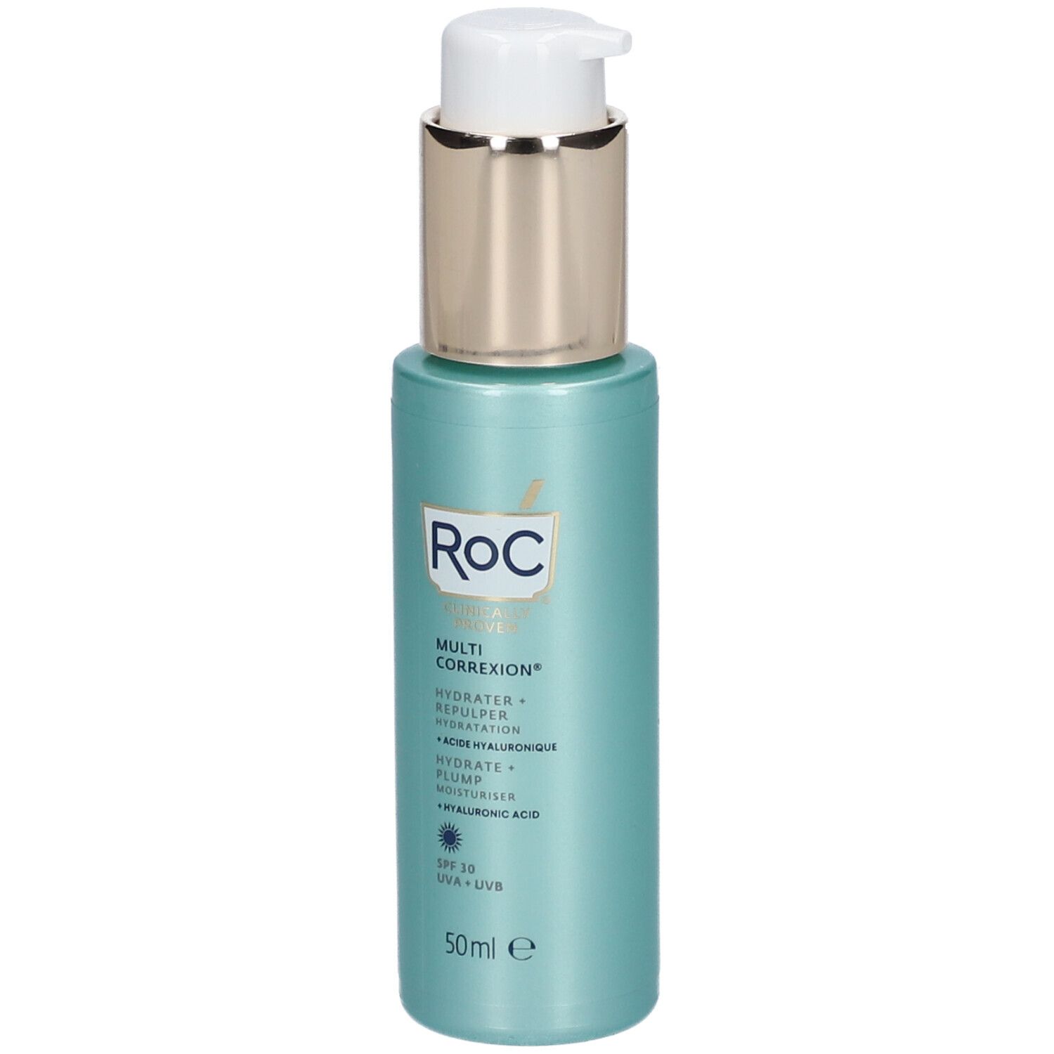 Flacone RoC Multi Correxion idratante con pompa. Turchese, tappo dorato. SPF 30.