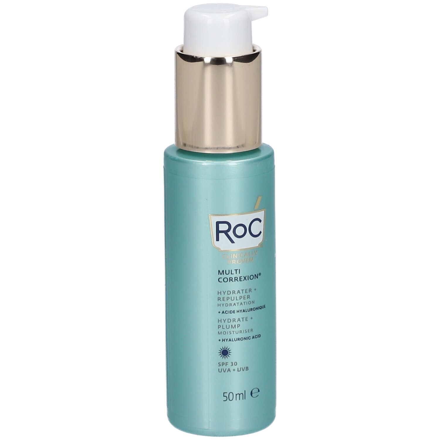 Flacone RoC Multi Correxion idratante con pompa. Turchese, tappo dorato. SPF 30.