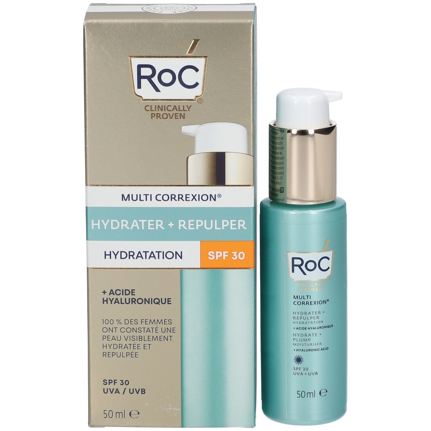 RoC Multi Correxion idratante con confezione. Flacone turchese e scatola. SPF 30.