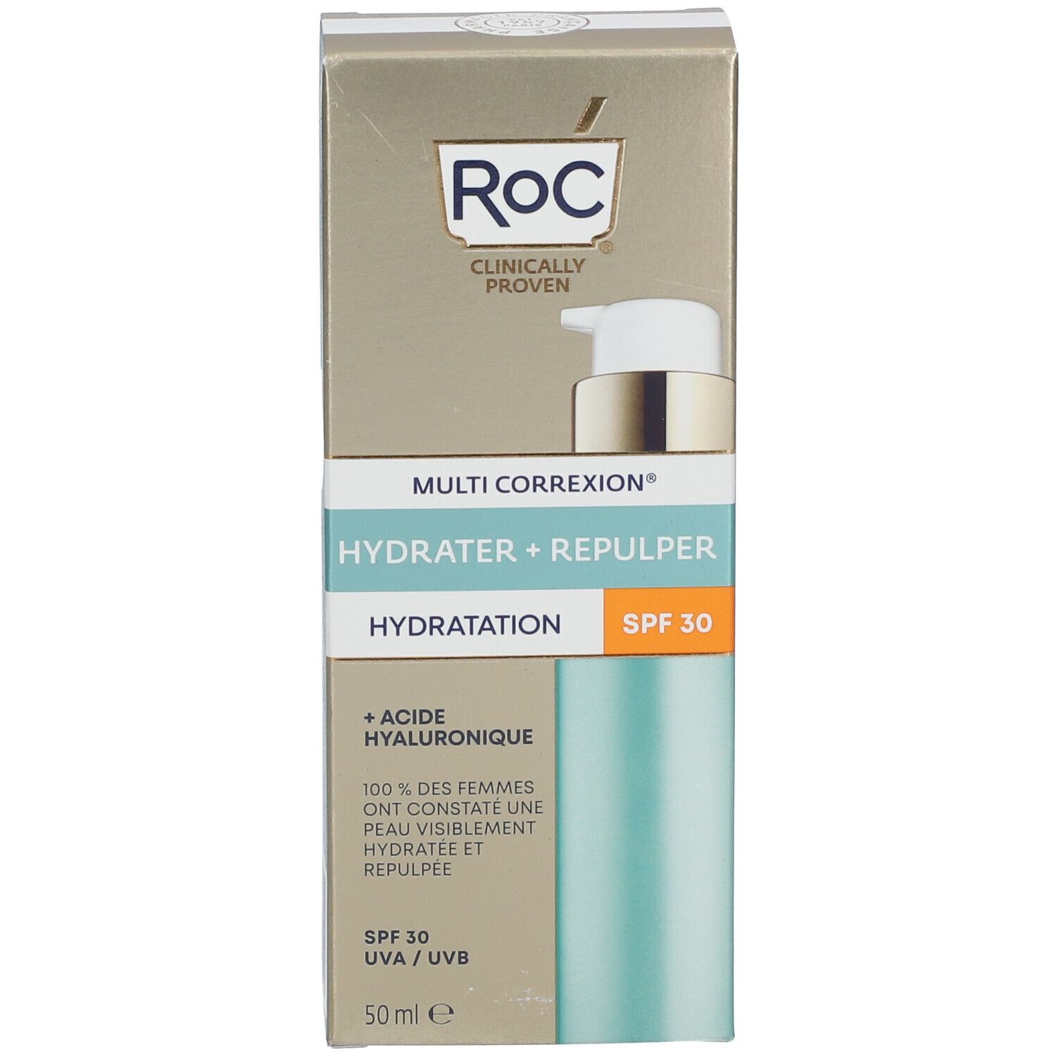 RoC Multi Correxion idratante con confezione. Flacone turchese e scatola. SPF 30.