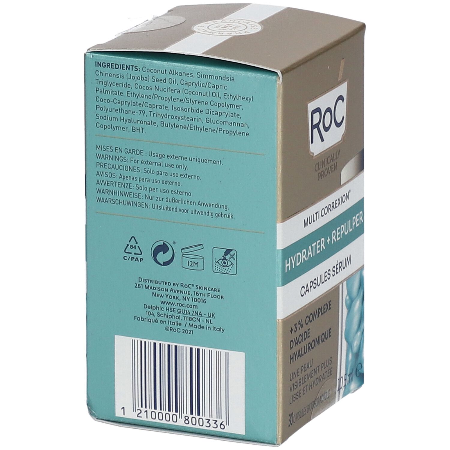 Retro della scatola RoC. Elenco ingredienti, avvertenze, indirizzo del produttore e codice a barre. Marchio RoC.