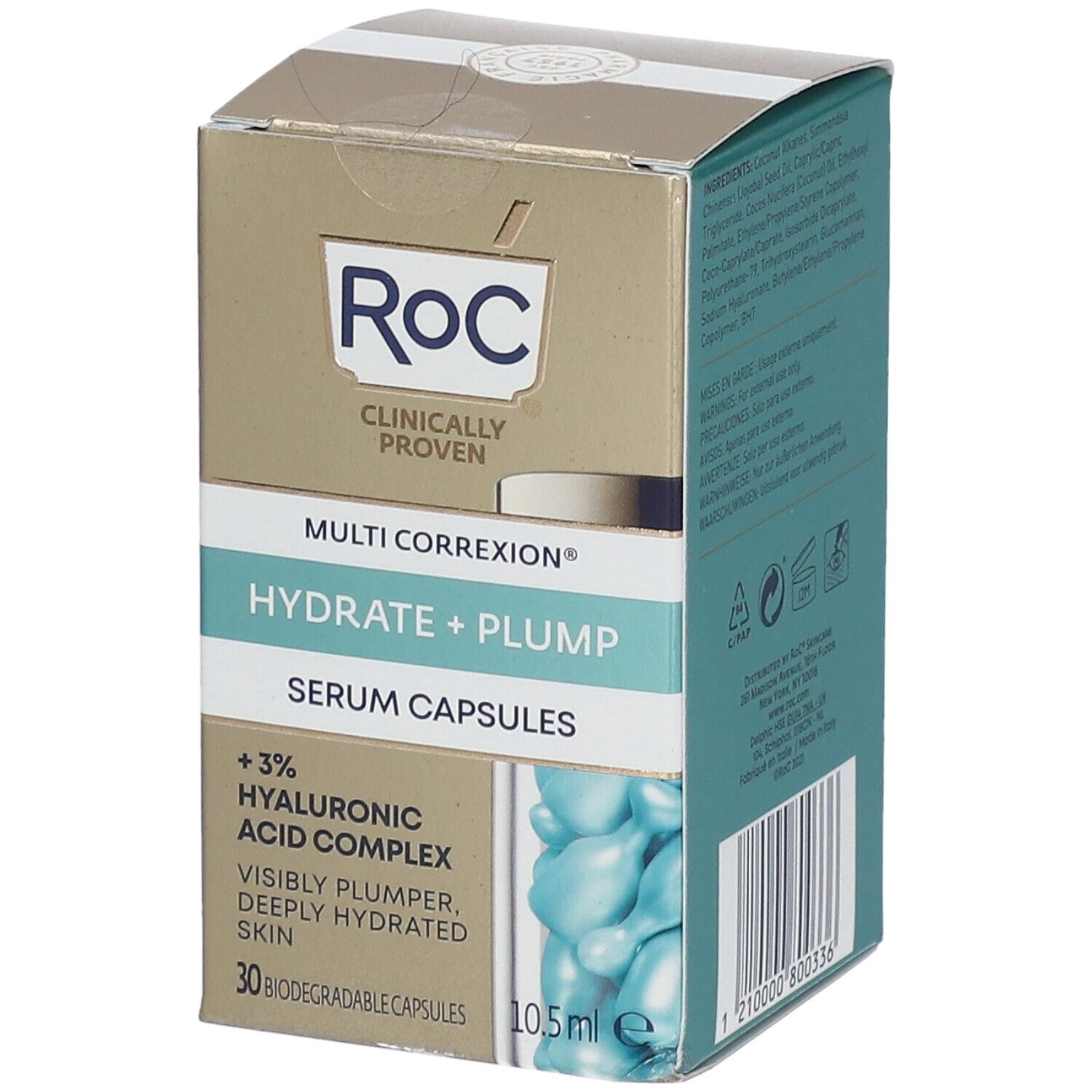 Scatola RoC. Multi Correxion Hydrater + Plump Serum Capsules. 30 capsule. 10,5 ml. Marchio RoC.