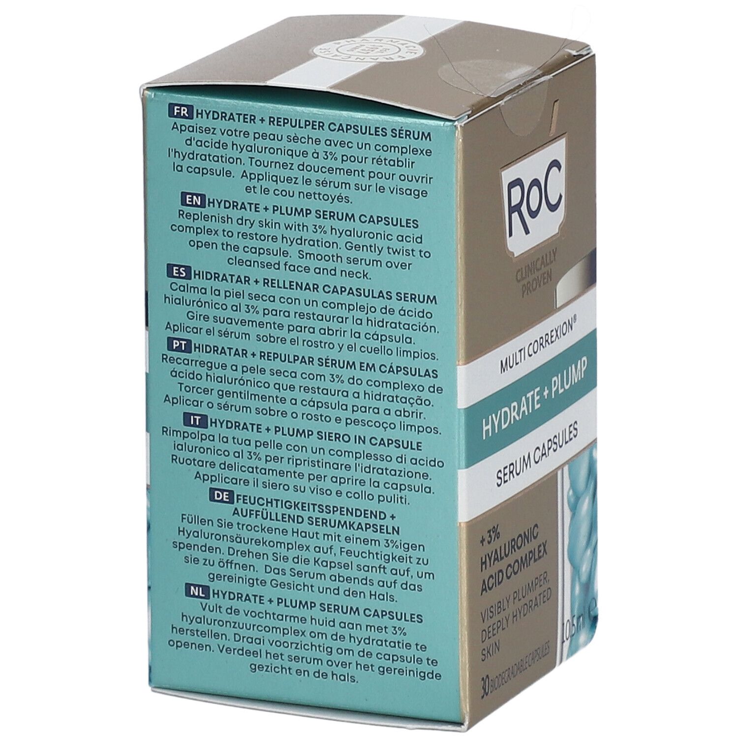 Retro della scatola RoC. Istruzioni del prodotto in più lingue. Marchio RoC.