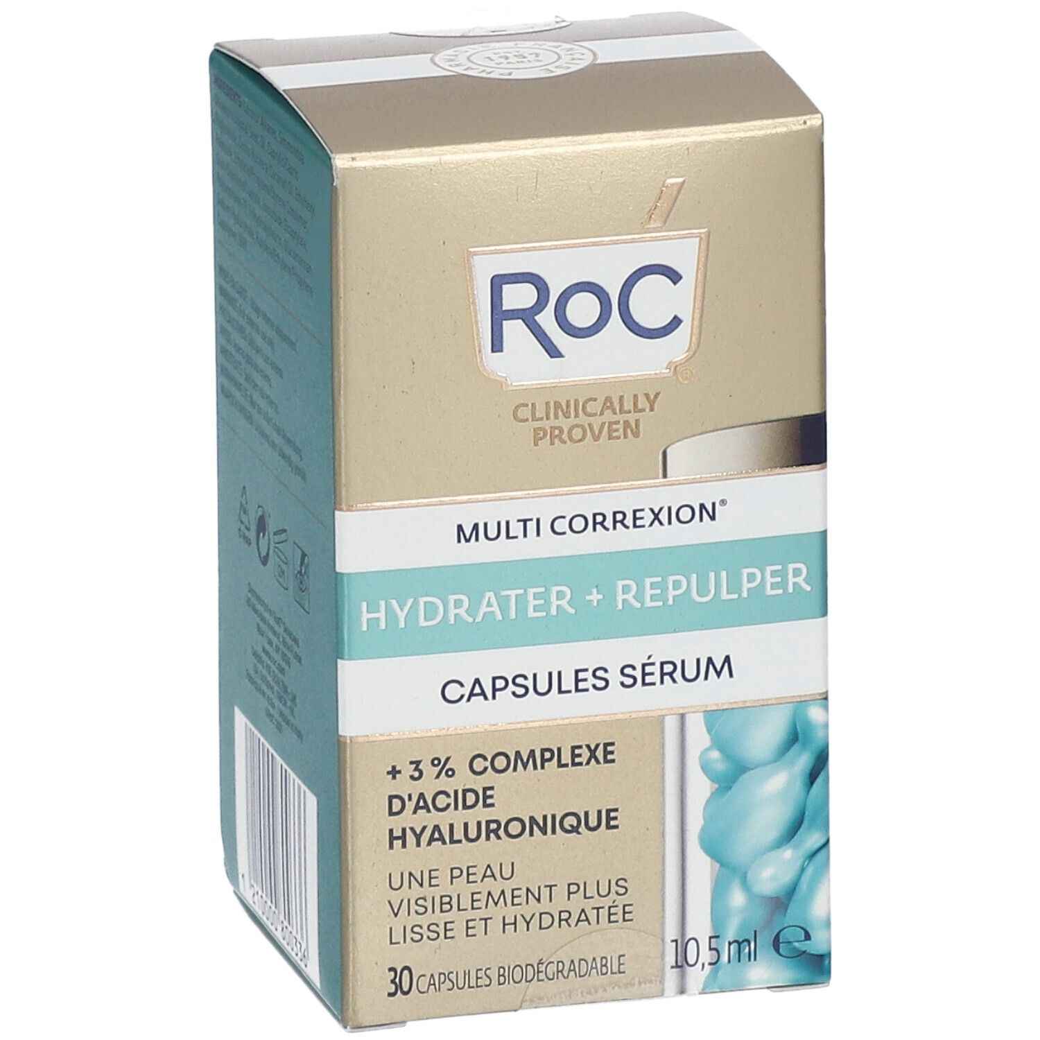 Scatola RoC. Multi Correxion Hydrater + Repulper Capsules Sérum. 30 capsule. 10,5 ml. Marchio RoC.