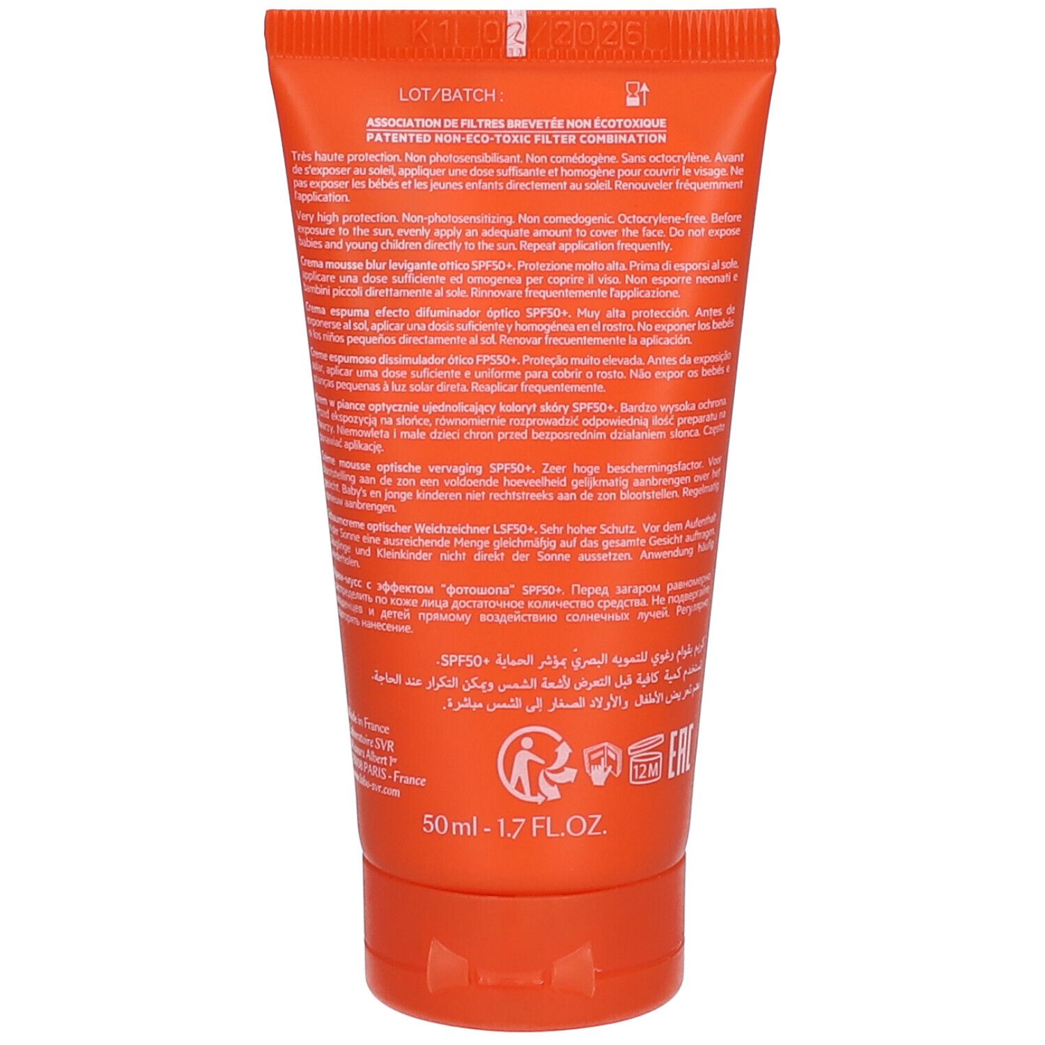 Retro di un tubo arancione SVR Sun Secure SPF50+ con informazioni sul prodotto e indicazione 50ml.