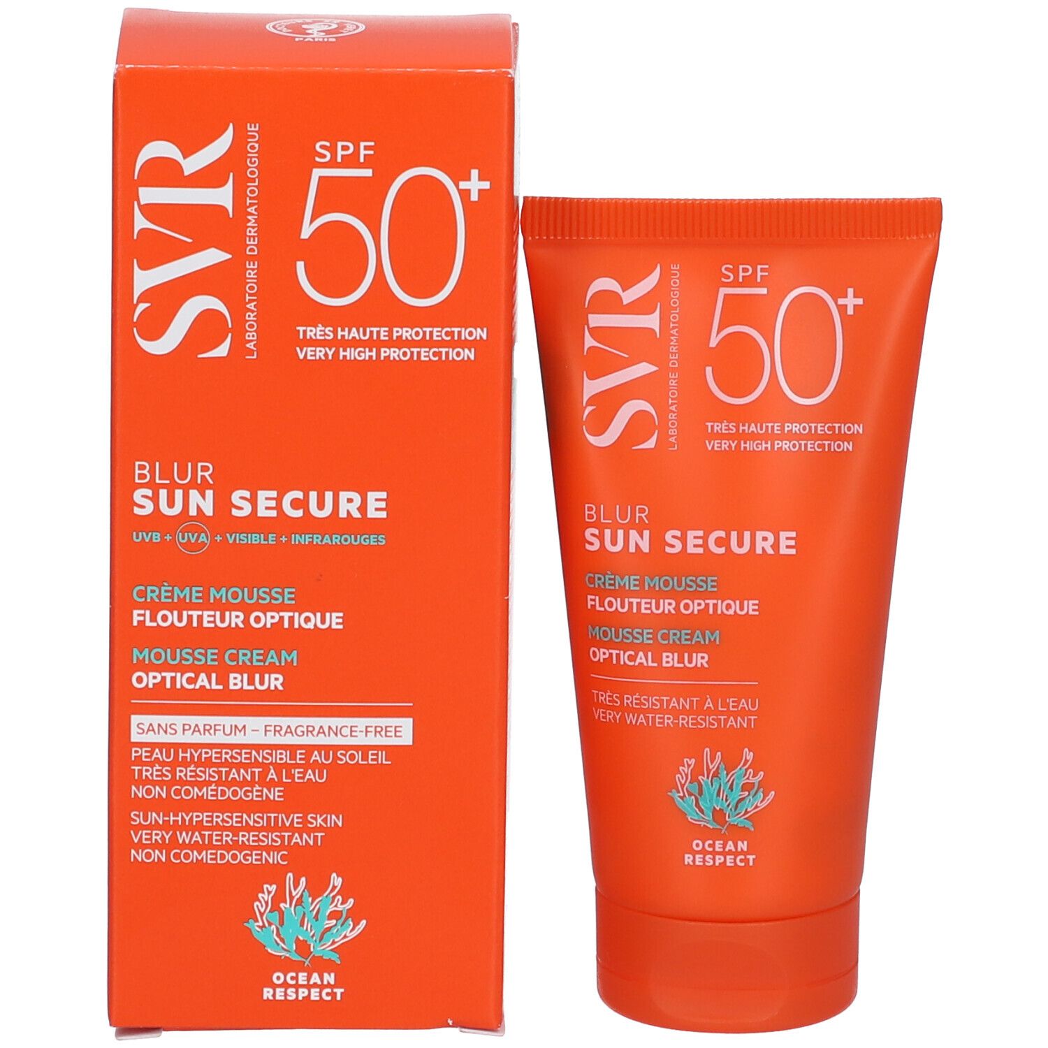 Tubo e scatola arancioni SVR Sun Secure SPF50+ Crema Mousse Blur Ottico.