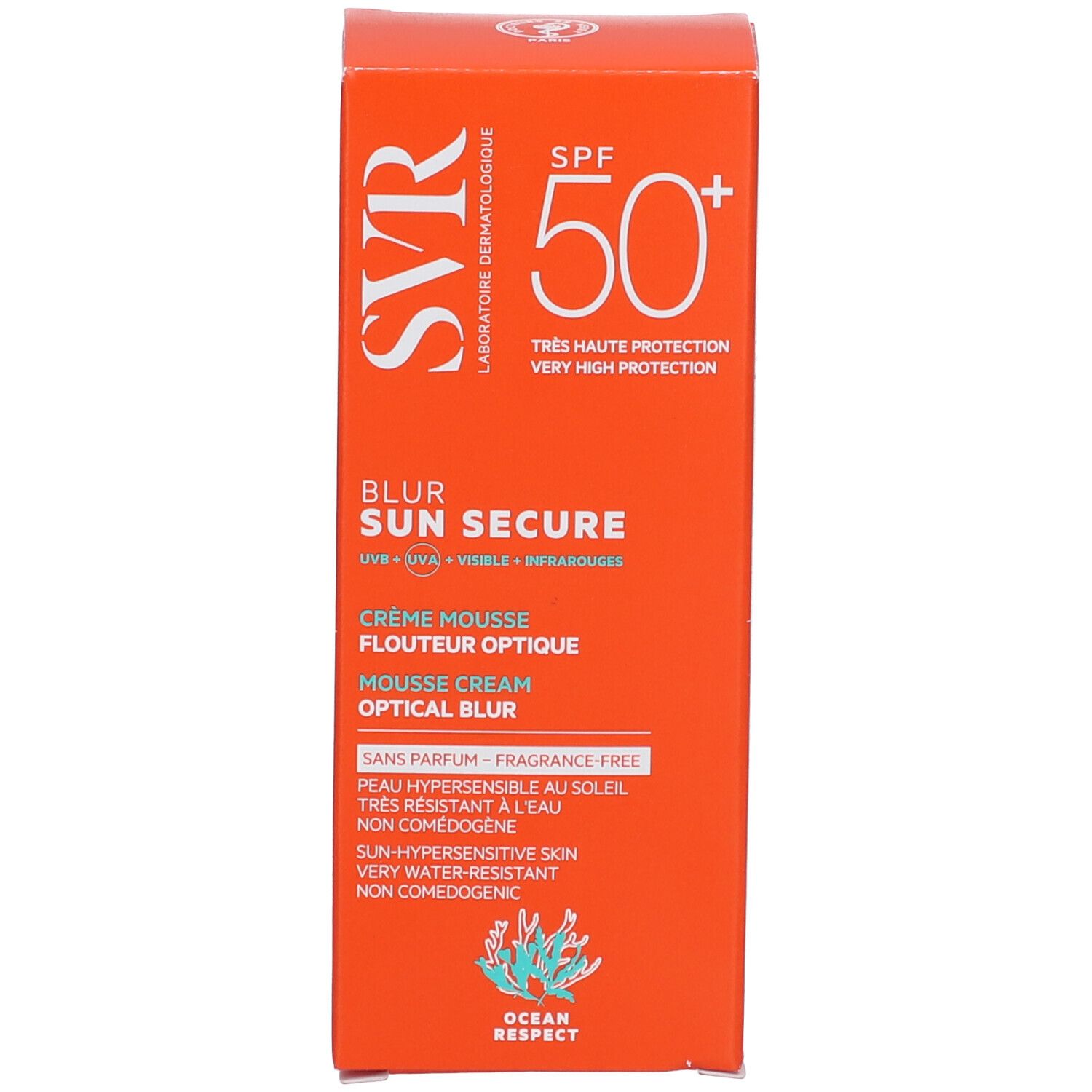 Scatola arancione SVR Sun Secure SPF50+ Crema Mousse Blur Ottico.