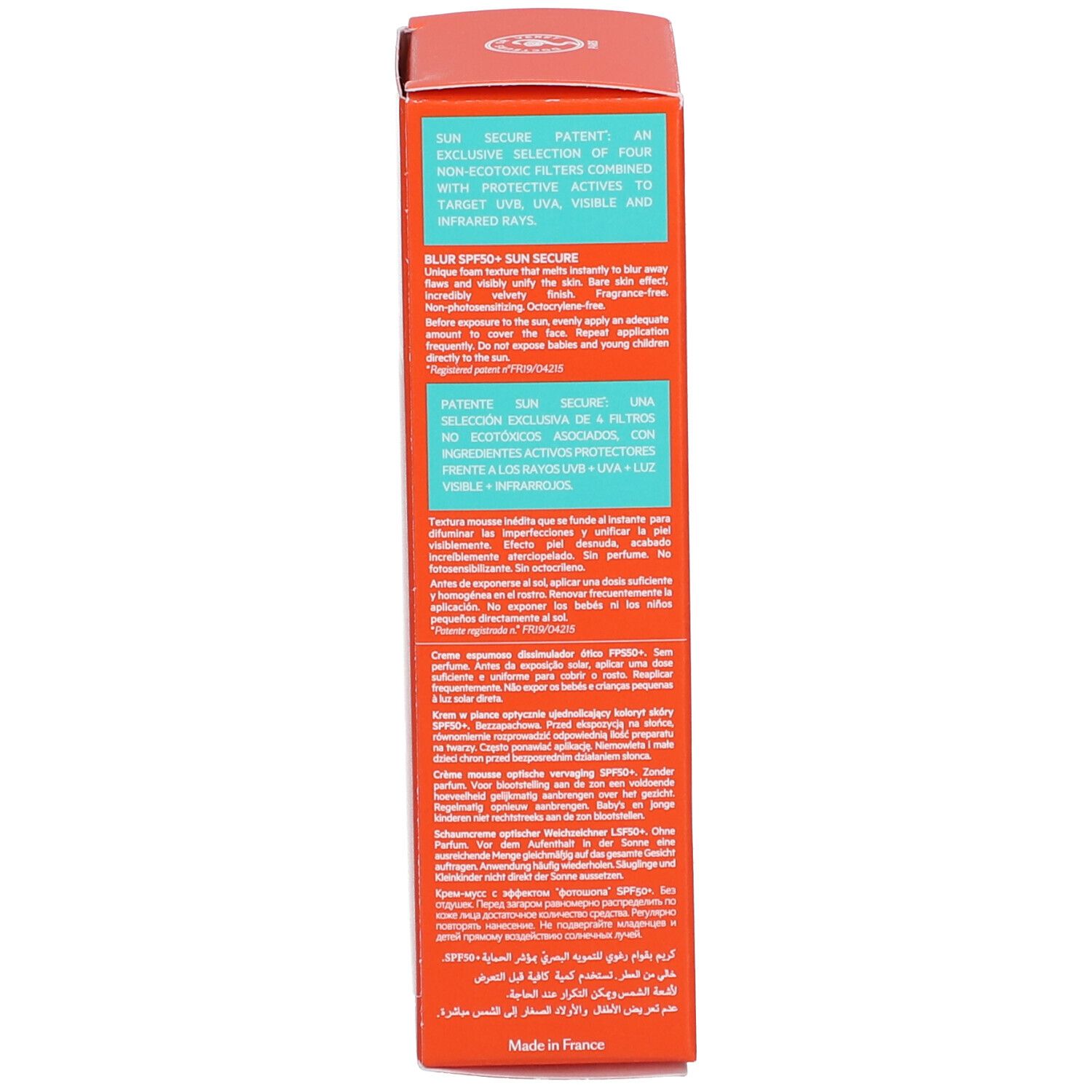 Lato di una scatola arancione SVR Sun Secure SPF50+ con informazioni sul prodotto.