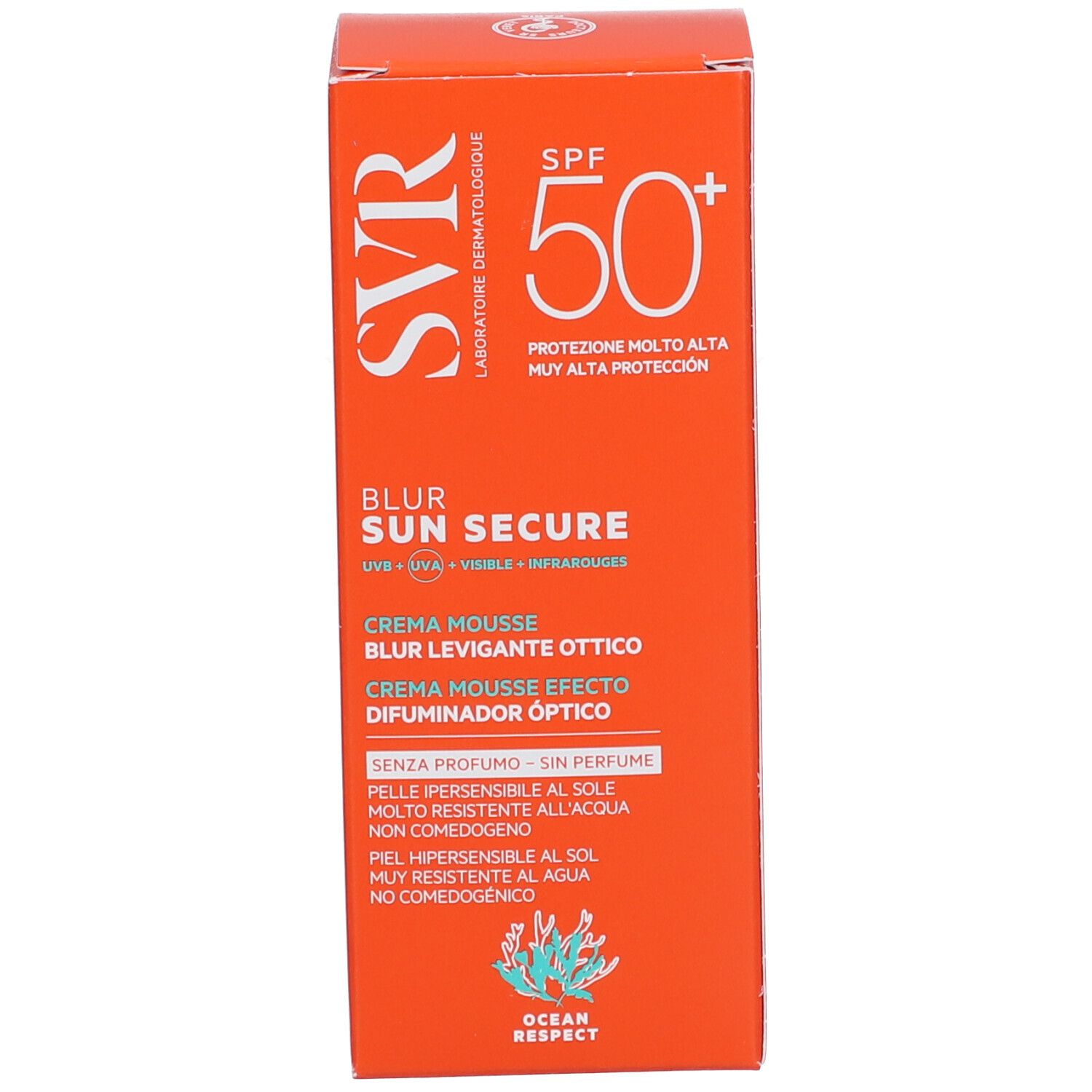 Scatola arancione SVR Sun Secure SPF50+ Crema Mousse Effetto Diffumindor Ottico.