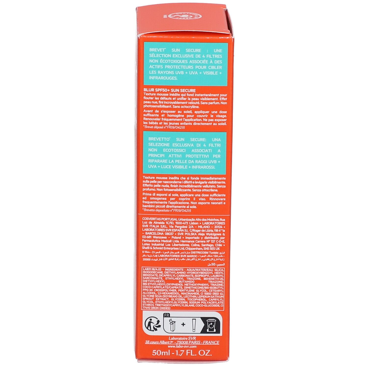 Lato di una scatola arancione SVR Sun Secure SPF50+ con informazioni sul prodotto.