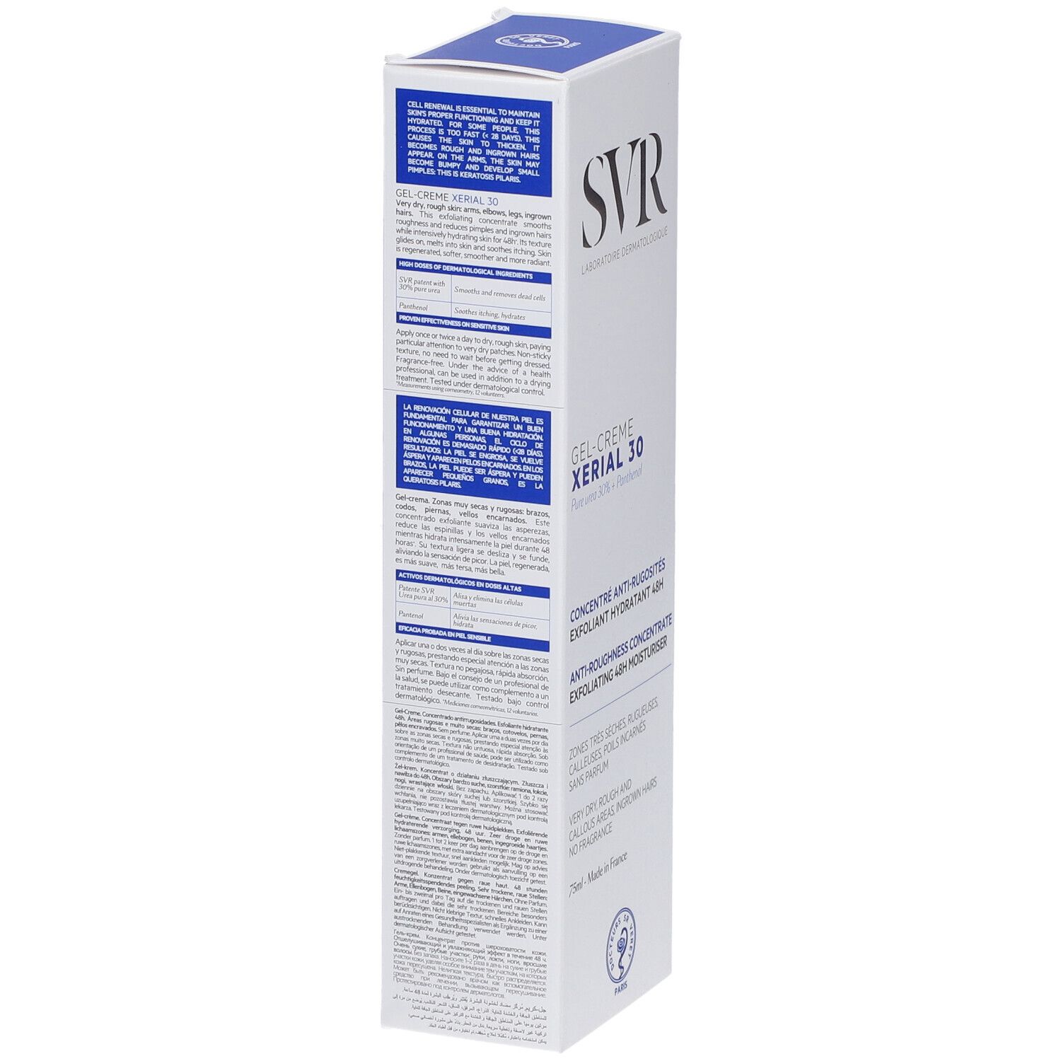 Confezione SVR Xerial 30 Gel-Crema, lato con informazioni dettagliate sull'applicazione.