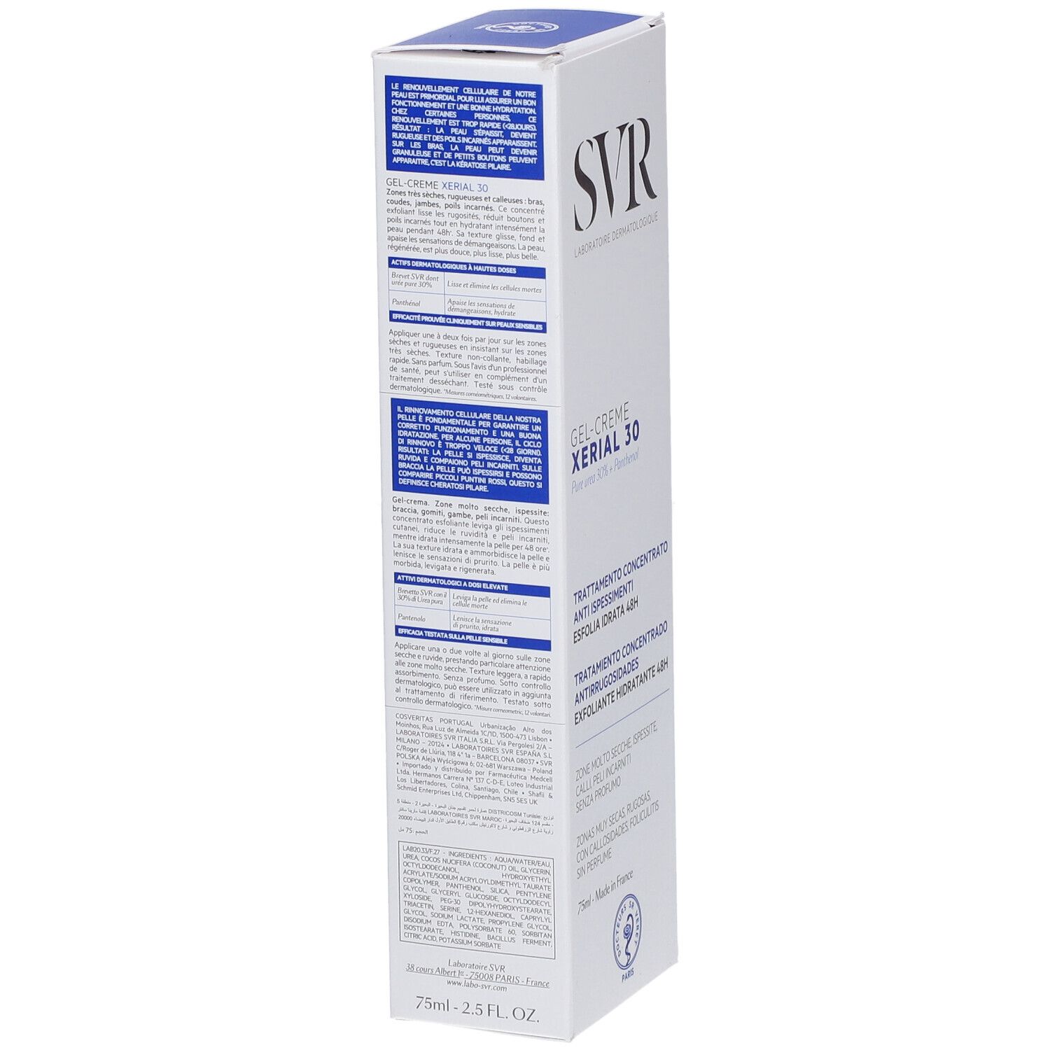 Confezione SVR Xerial 30 Gel-Crema, lato con informazioni dettagliate sull'applicazione in italiano.