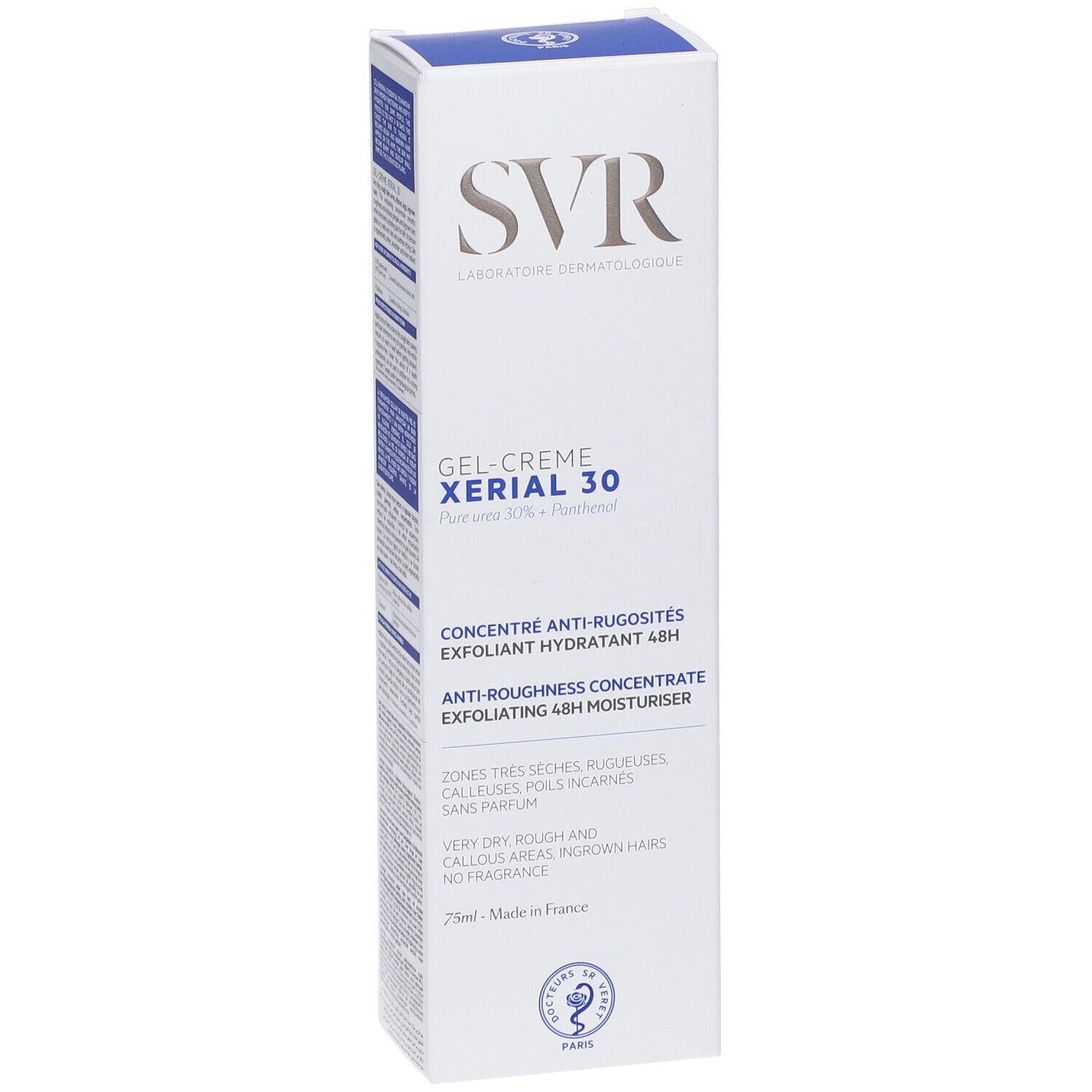 Confezione SVR Xerial 30 Gel-Crema, lato con informazioni dettagliate sull'applicazione in francese.