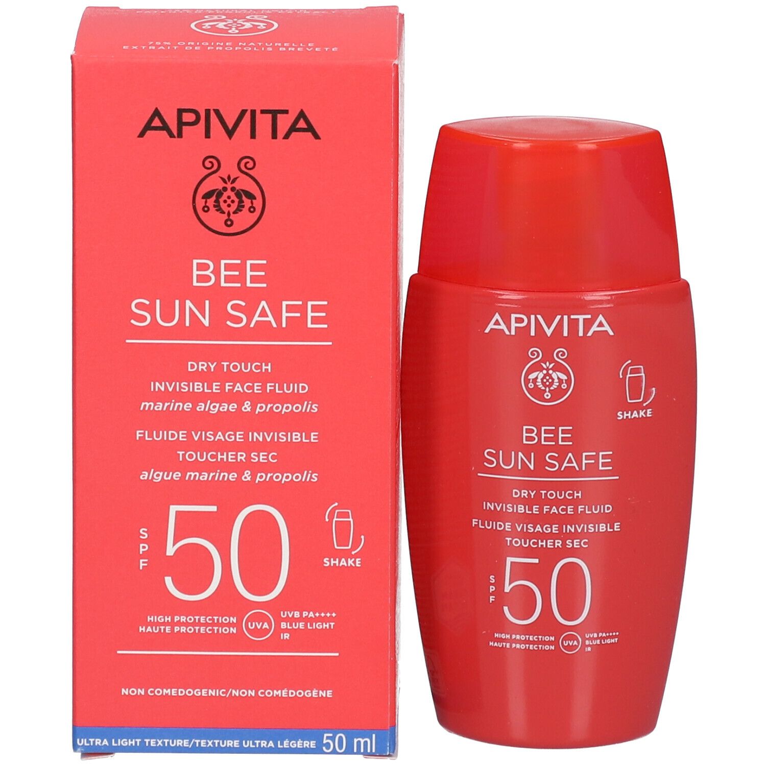 Scatola e flacone rossi. Scritta: APIVITA BEE SUN SAFE, Dry Touch, SPF 50. Alghe marine e propoli.