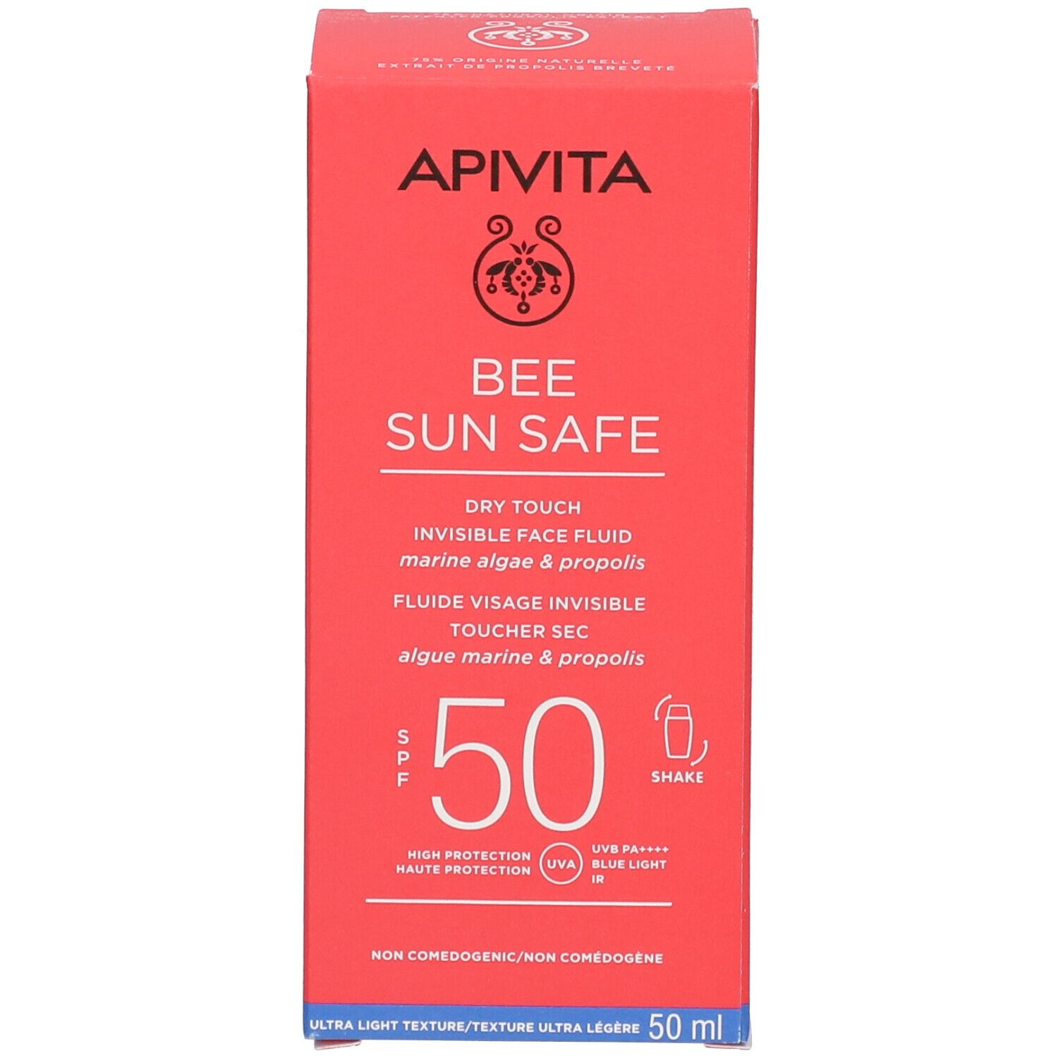 Scatola rossa. Scritta: APIVITA BEE SUN SAFE, Dry Touch, SPF 50. Alghe marine e propoli.