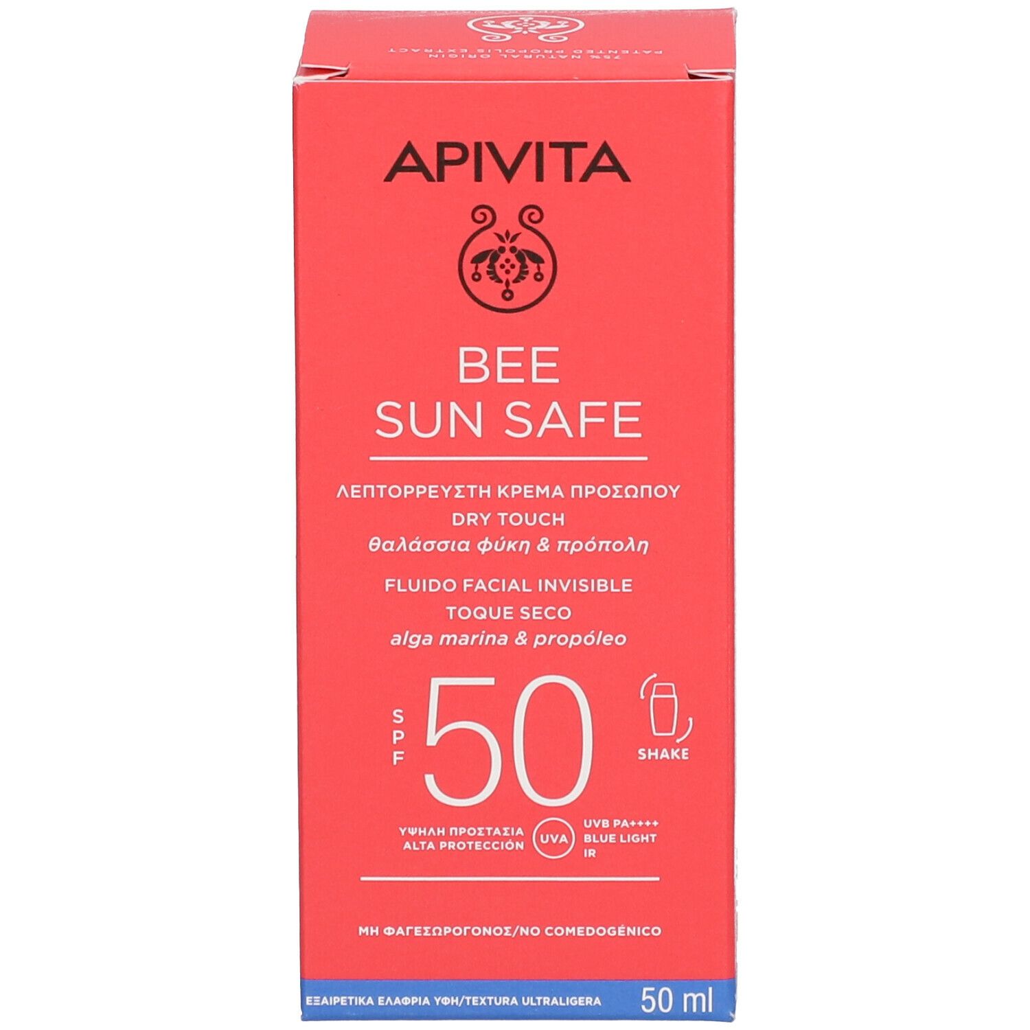 Scatola rossa. Scritta: APIVITA BEE SUN SAFE, SPF 50. Testo in greco.