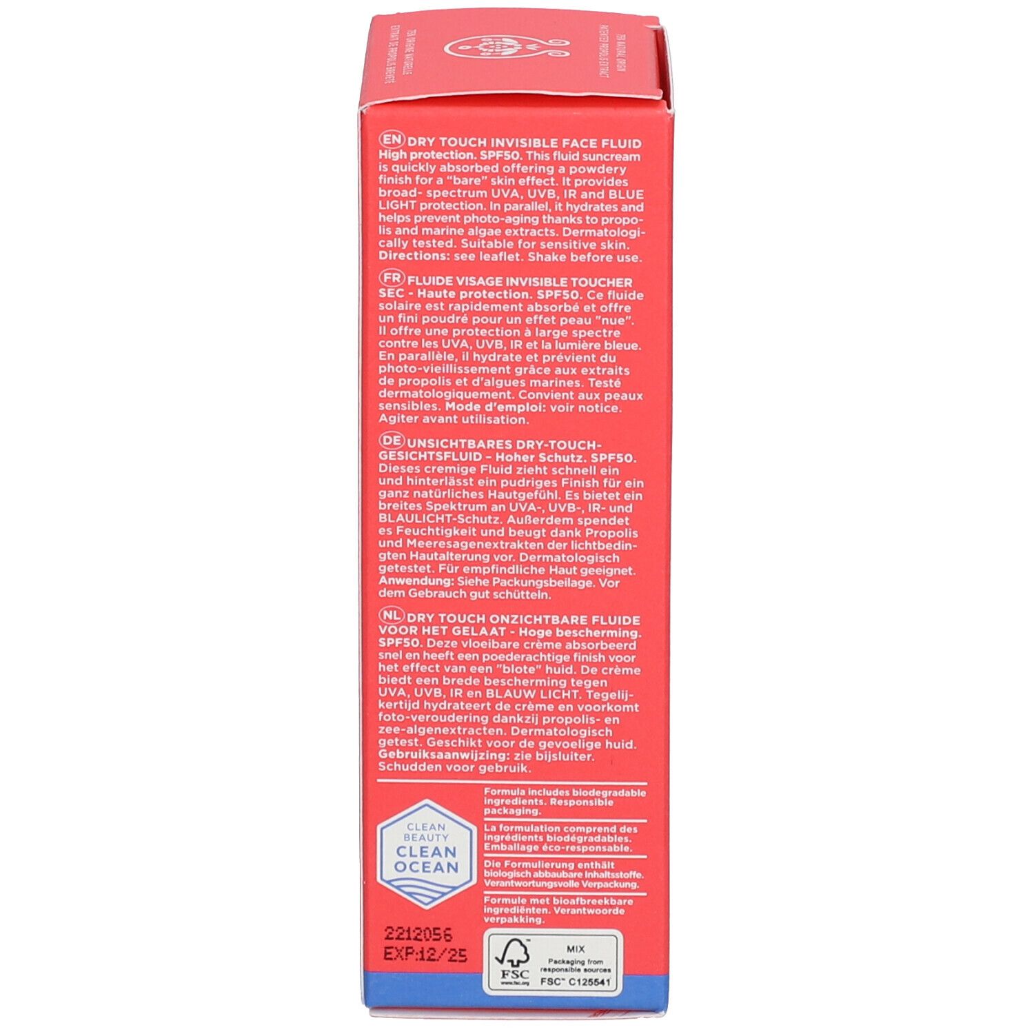 Scatola rossa. Testo multilingue. Scritta: APIVITA BEE SUN SAFE, SPF 50. Logo Clean Ocean.