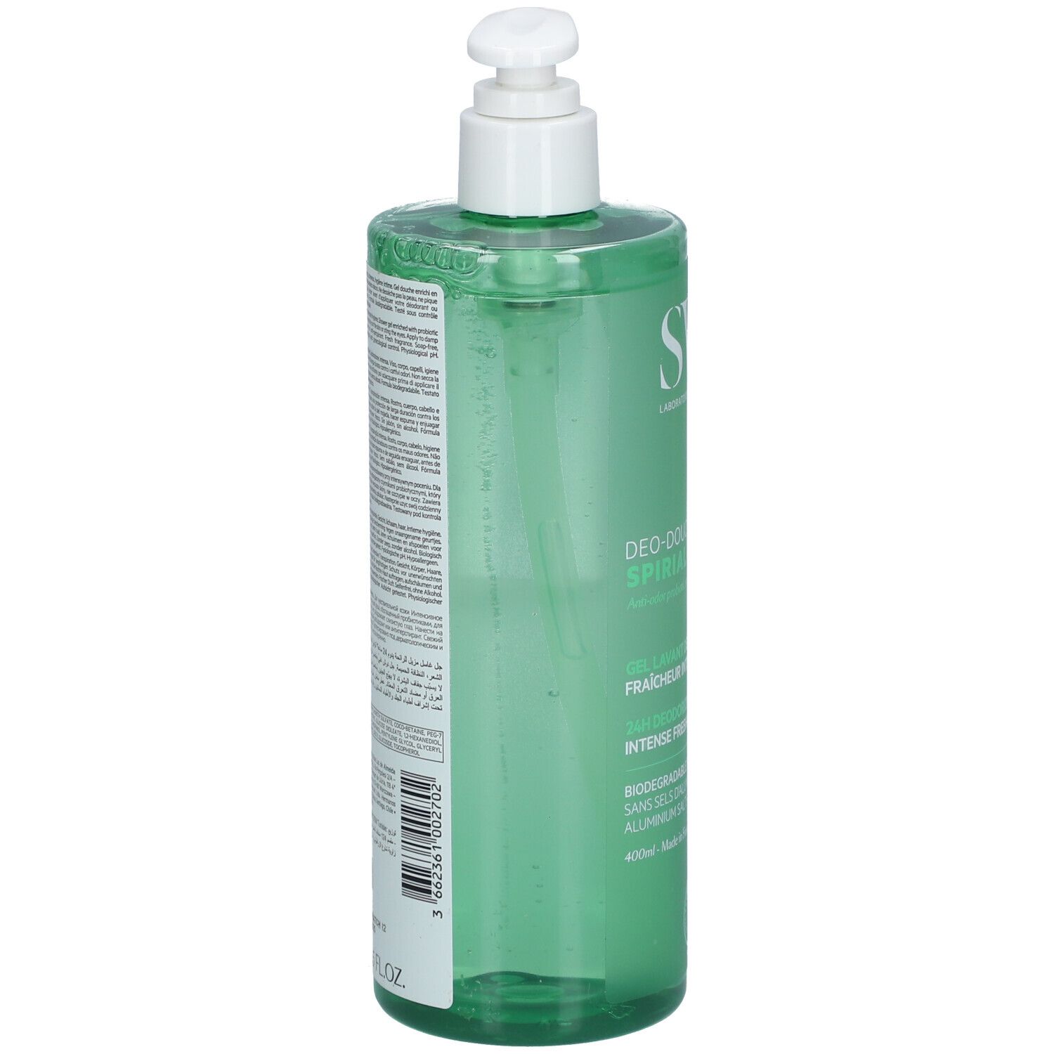 Retro di un flacone spray verde SVR SPIRIAL Doccia Gel con informazioni sul prodotto.