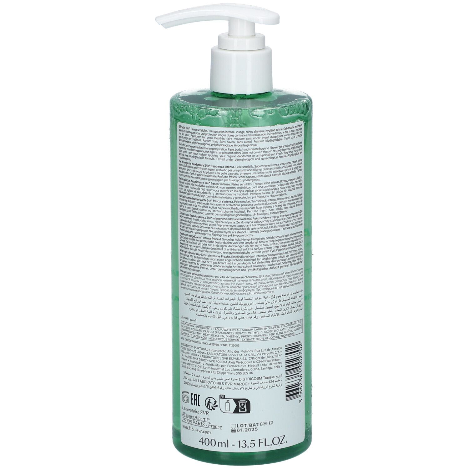 Retro di un flacone spray verde SVR SPIRIAL Doccia Gel, 400ml, con sigilli e codice a barre.