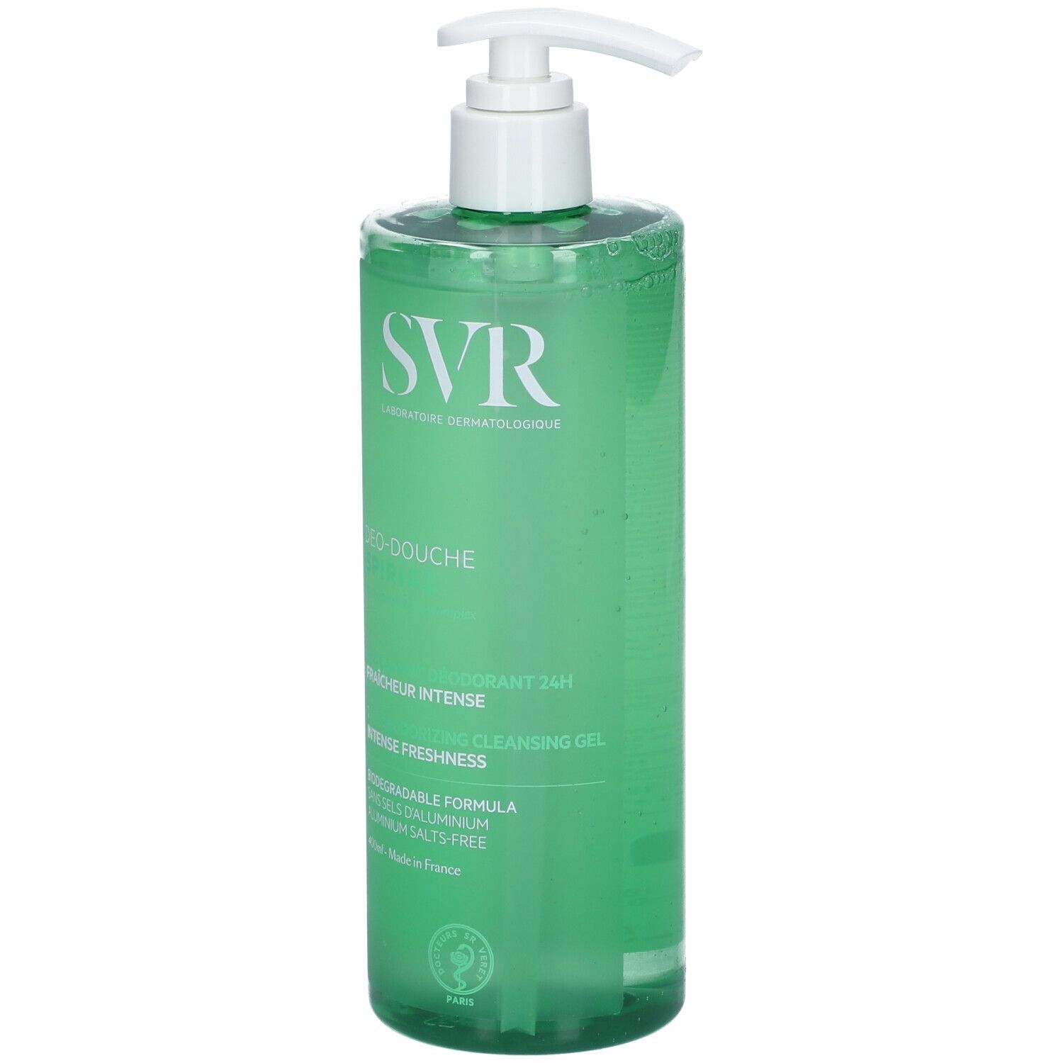 Flacone spray verde SVR SPIRIAL Doccia Gel, 400ml, con scritta 'Intense Freshness'.