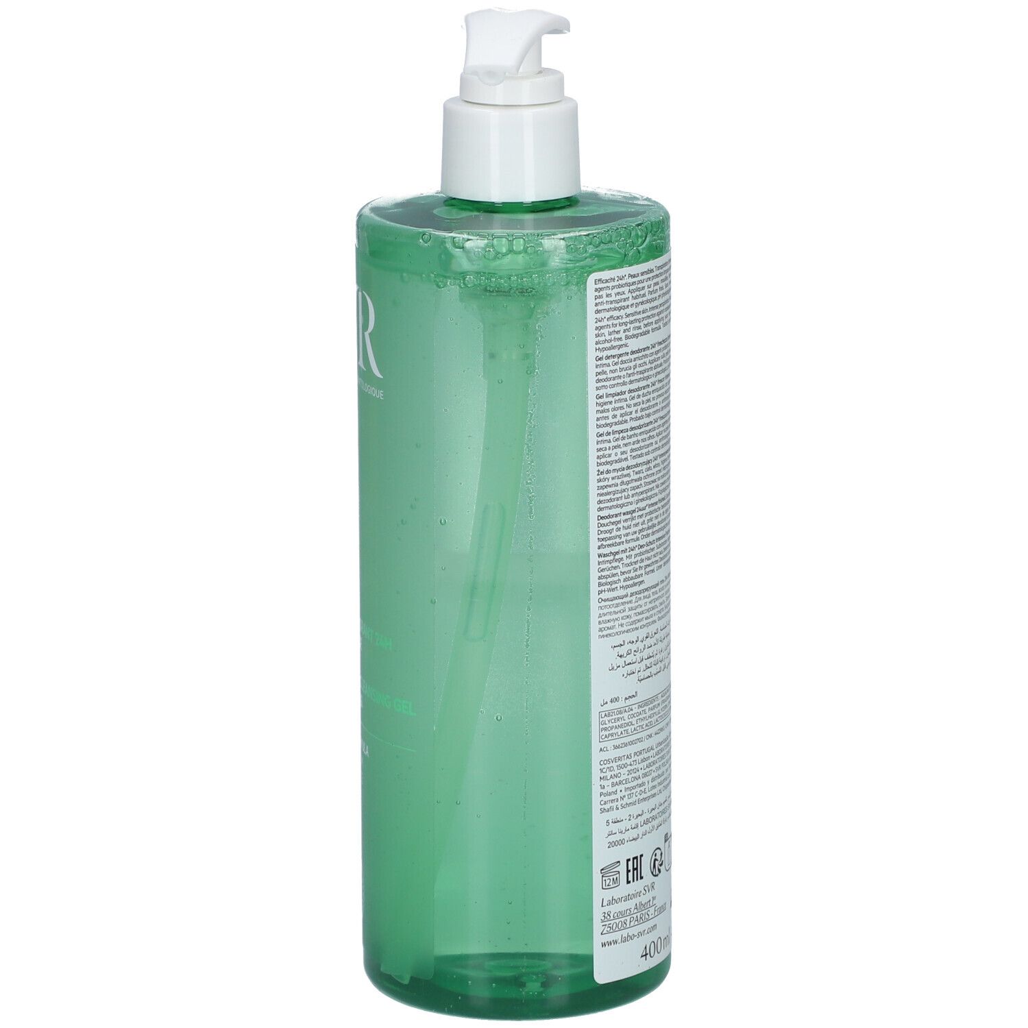 Vista laterale di un flacone spray verde SVR SPIRIAL Doccia Gel, 400ml.