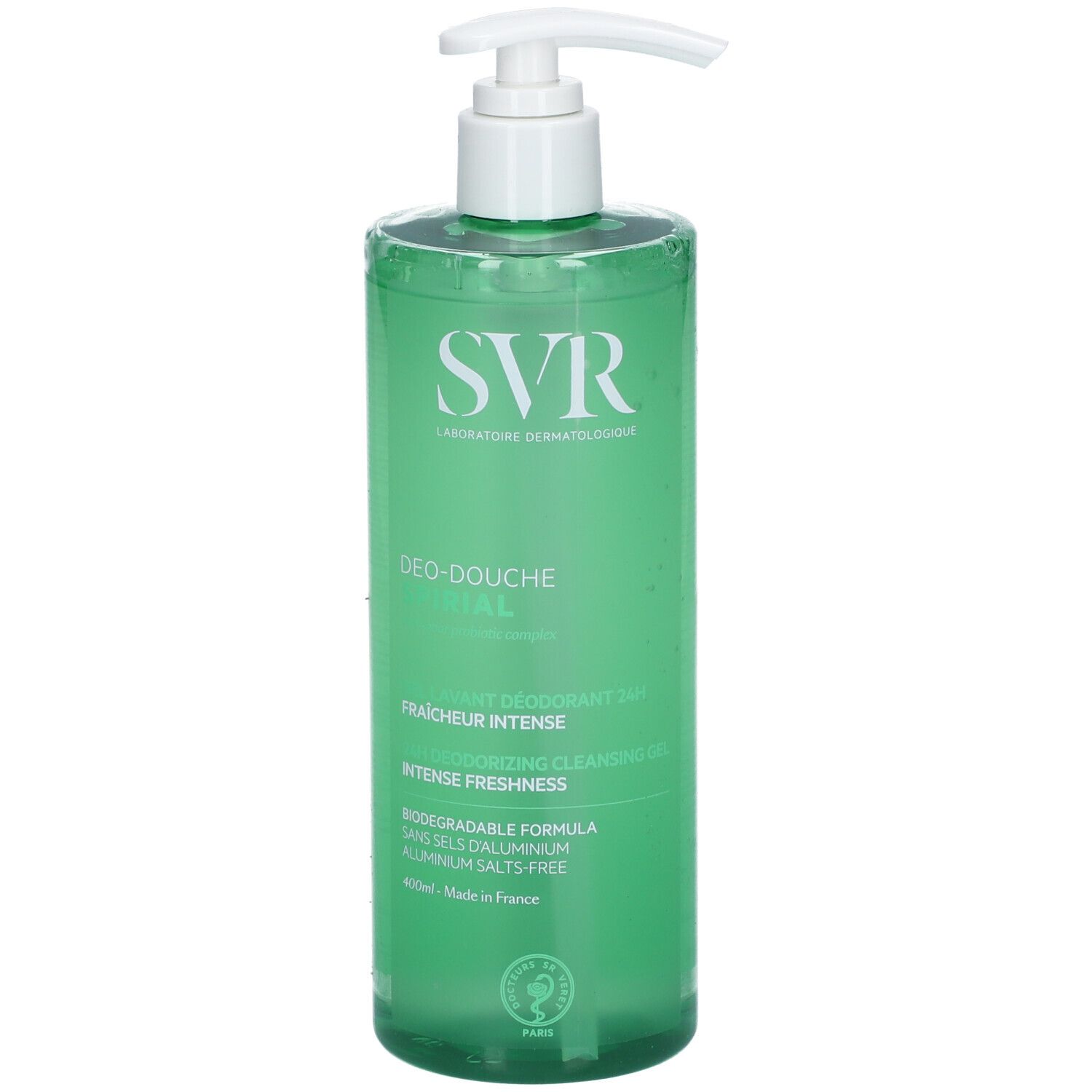Vista frontale di un flacone spray verde SVR SPIRIAL Doccia Gel, 400ml, con sigillo.