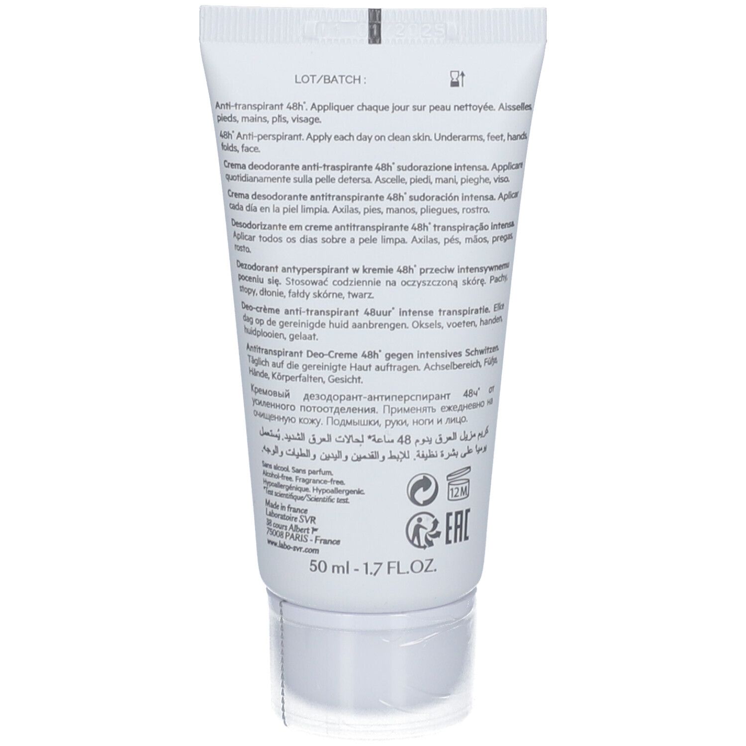 Retro di un tubo di crema deodorante SVR Spirial con istruzioni e informazioni sul prodotto.