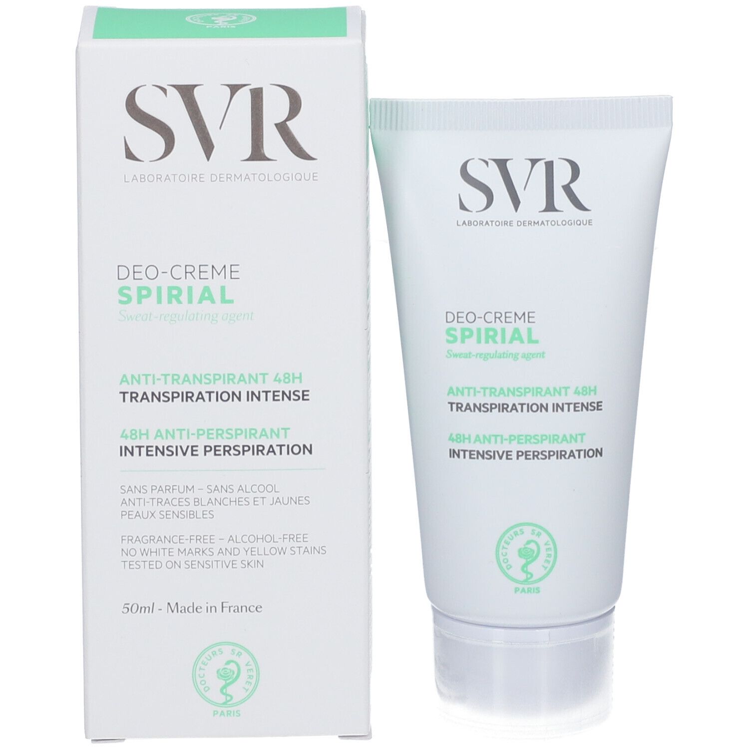 Tubo e confezione di crema deodorante SVR Spirial.