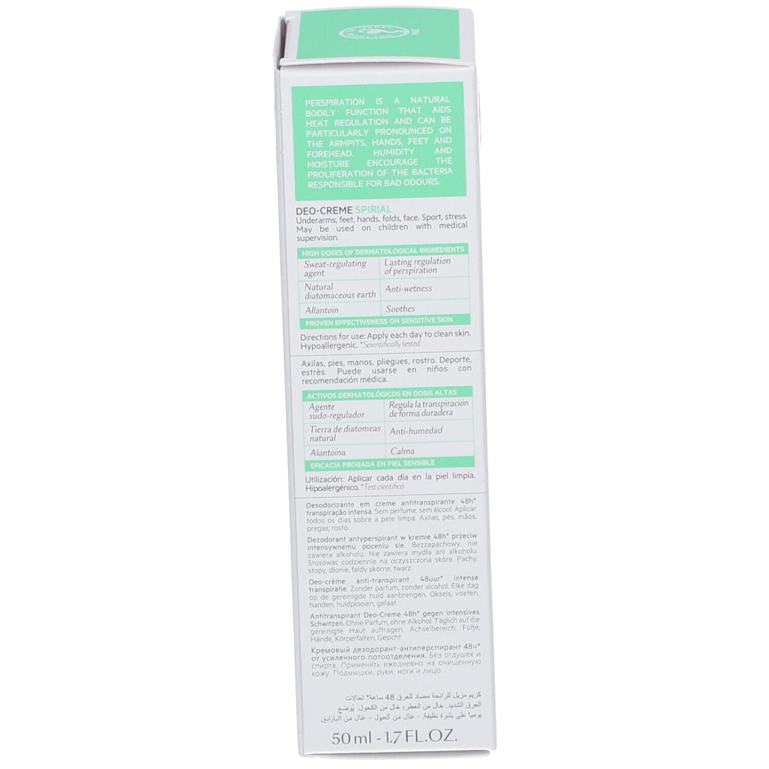Lato della confezione di crema deodorante SVR Spirial con informazioni sul prodotto.