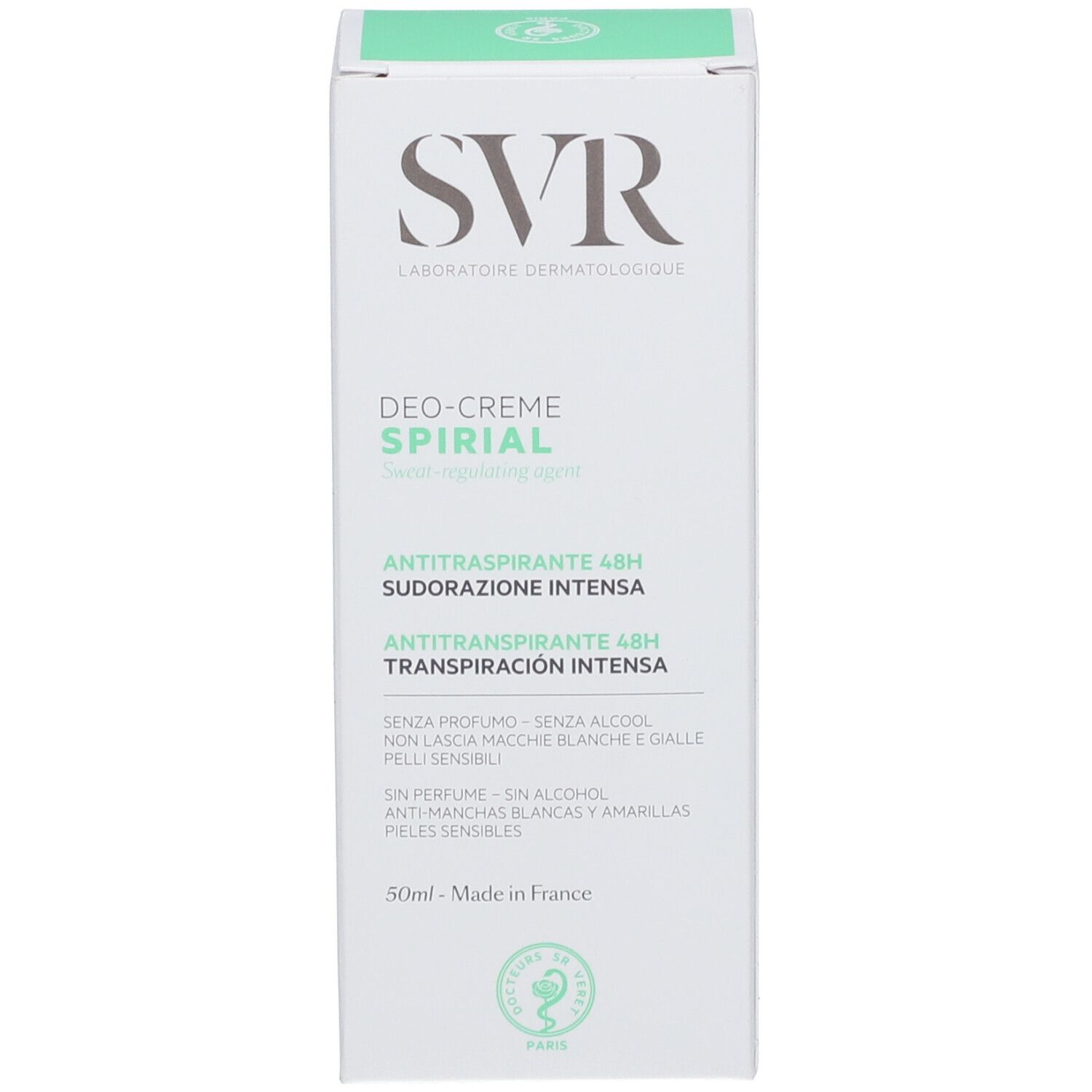 Confezione di crema deodorante SVR Spirial con informazioni sul prodotto.