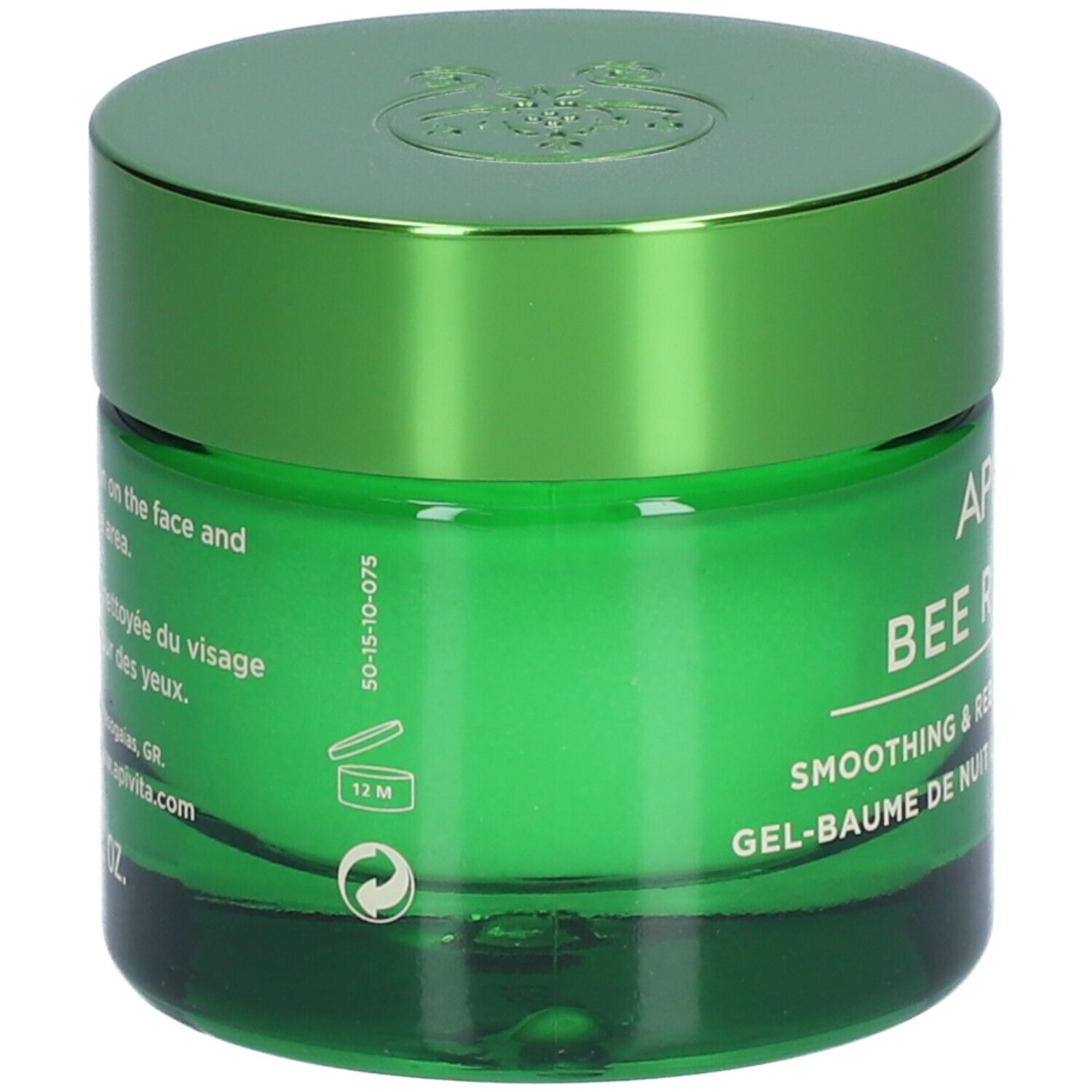 Vasetto verde con coperchio. Scritta: APIVITA BEE RADIANT. Retro con testo e simboli.