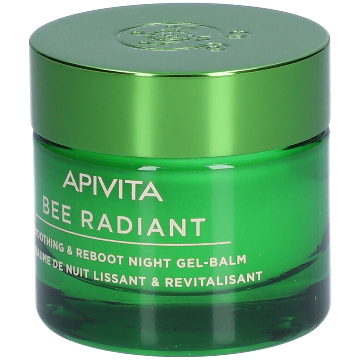 Vasetto verde con coperchio. Scritta: APIVITA BEE RADIANT Smoothing & Reboot Night Gel-Balm.