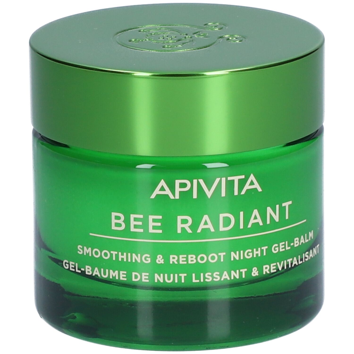 Vasetto verde con coperchio. Scritta: APIVITA BEE RADIANT Smoothing & Reboot Night Gel-Balm.