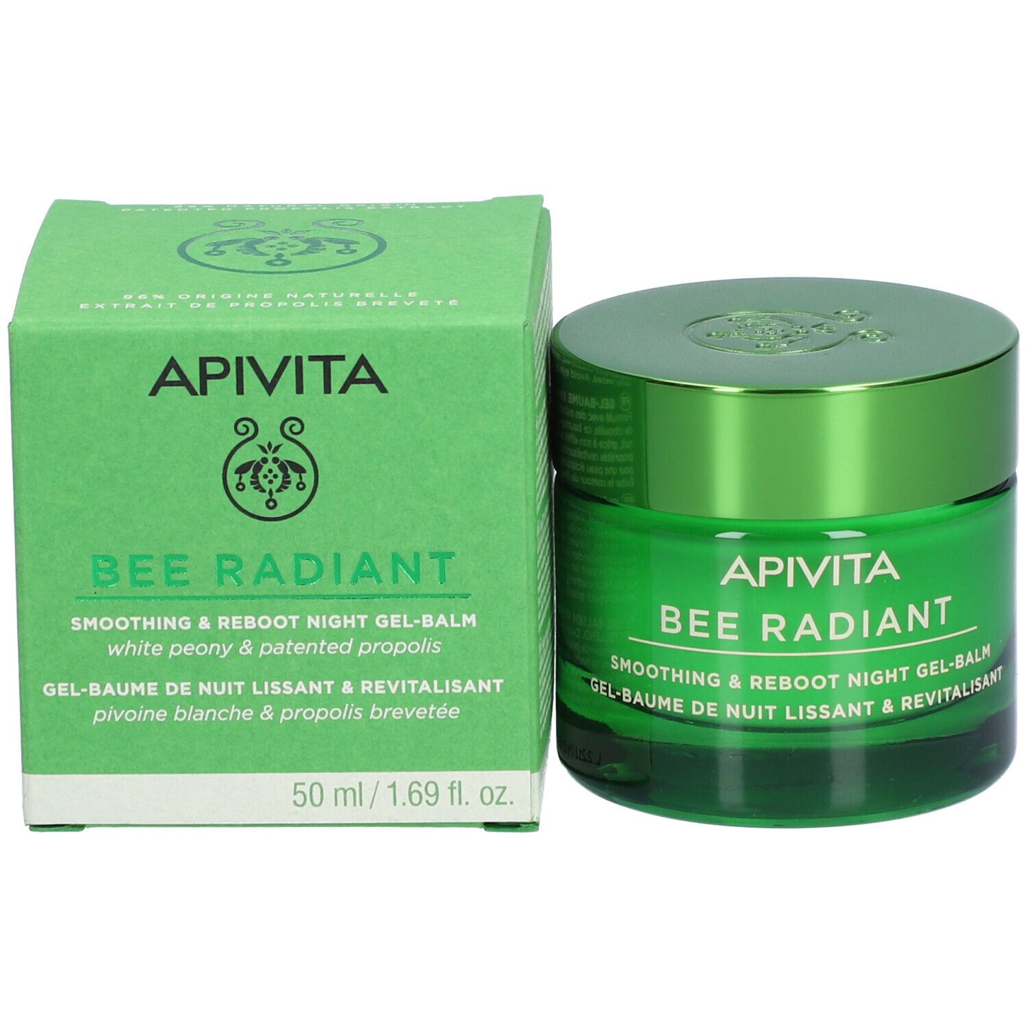 Scatola verde e vasetto. Scritta: APIVITA BEE RADIANT Smoothing & Reboot Night Gel-Balm.