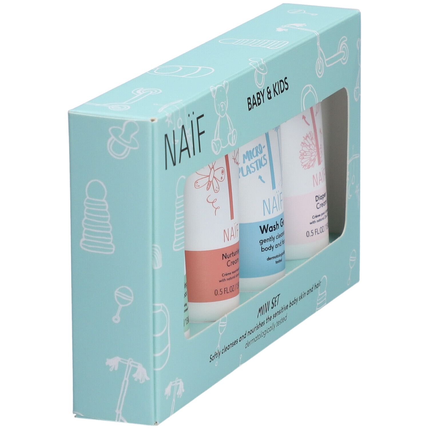 Mini set NAÏF Baby & Kids. Scatola azzurra con tre tubetti. Contiene crema, gel lavante e crema per pannolini. Finestra.