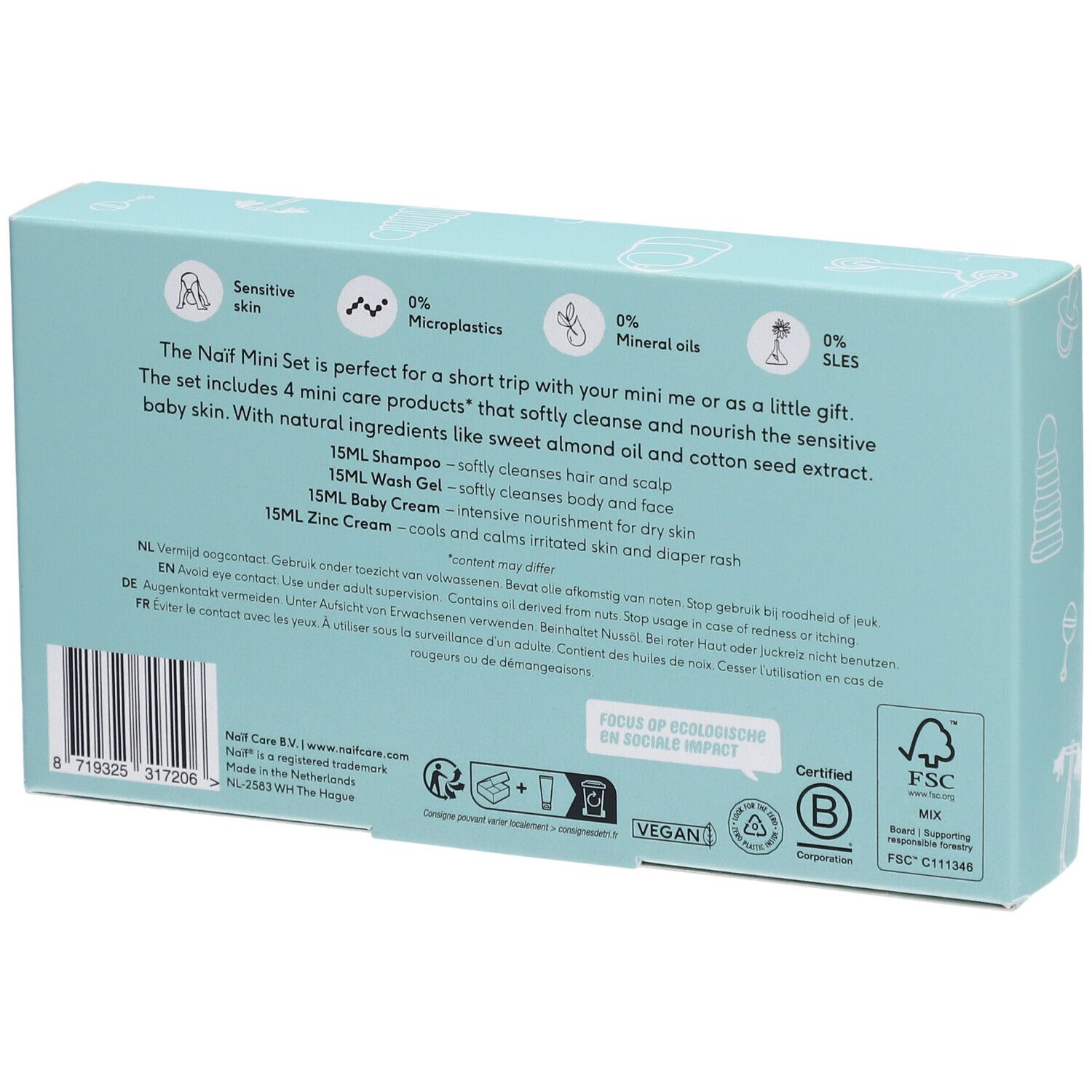 Retro del mini set NAÏF Baby & Kids. Testo con ingredienti e certificazioni. Scatola azzurra.