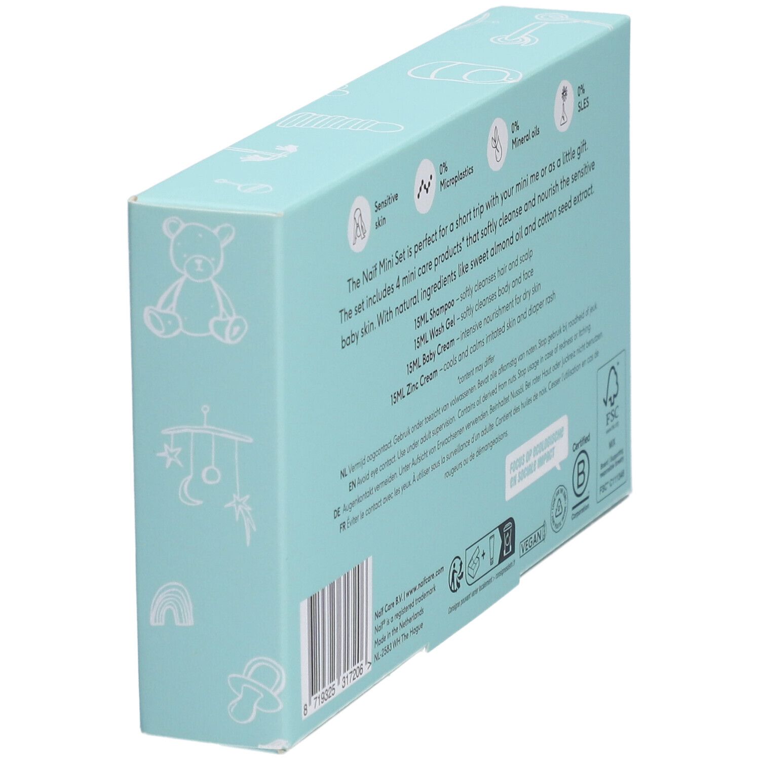 Lato del mini set NAÏF Baby & Kids. Testo con ingredienti e certificazioni. Scatola azzurra.