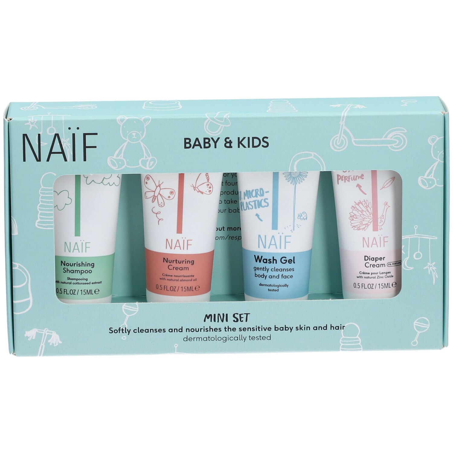 Mini set NAÏF Baby & Kids. Quattro tubetti in una scatola azzurra. Contiene shampoo, crema, gel lavante e crema per pannolini.