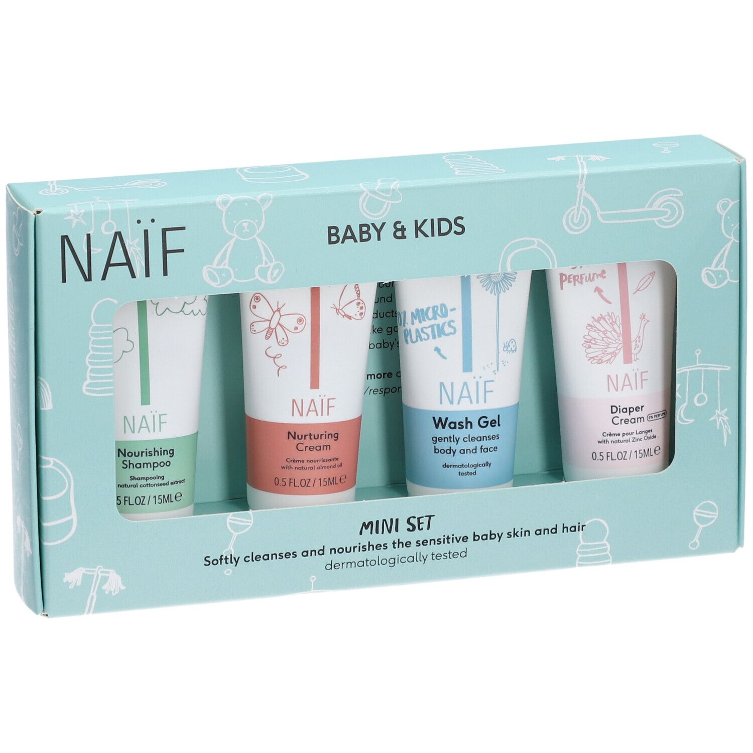 Mini set NAÏF Baby & Kids. Quattro tubetti in una scatola azzurra. Contiene shampoo, crema, gel lavante e crema per pannolini.