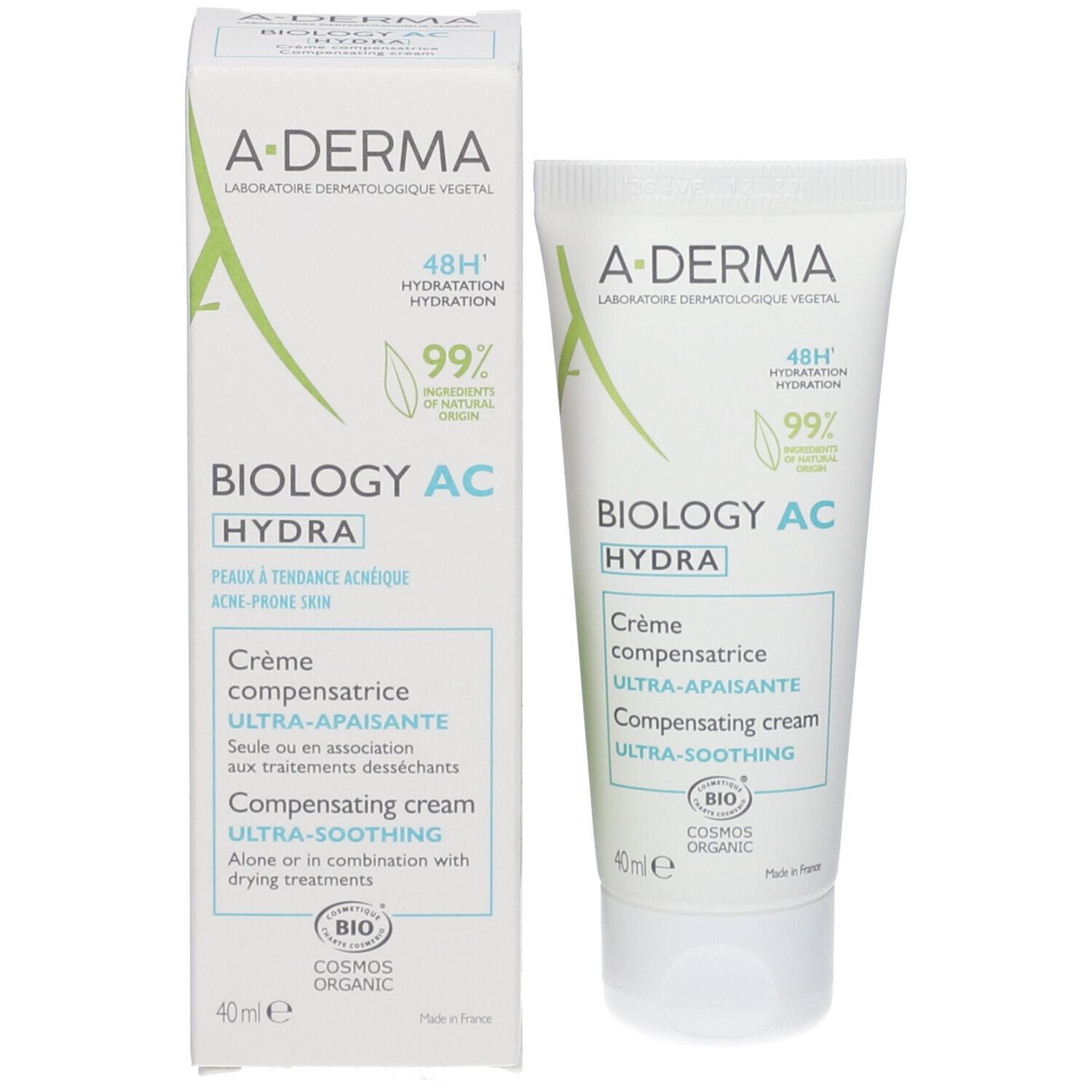 A-Derma Biology AC Hydra: Tubo e scatola da 40ml di crema compensatrice ultra-lenitiva per pelli a tendenza acneica.