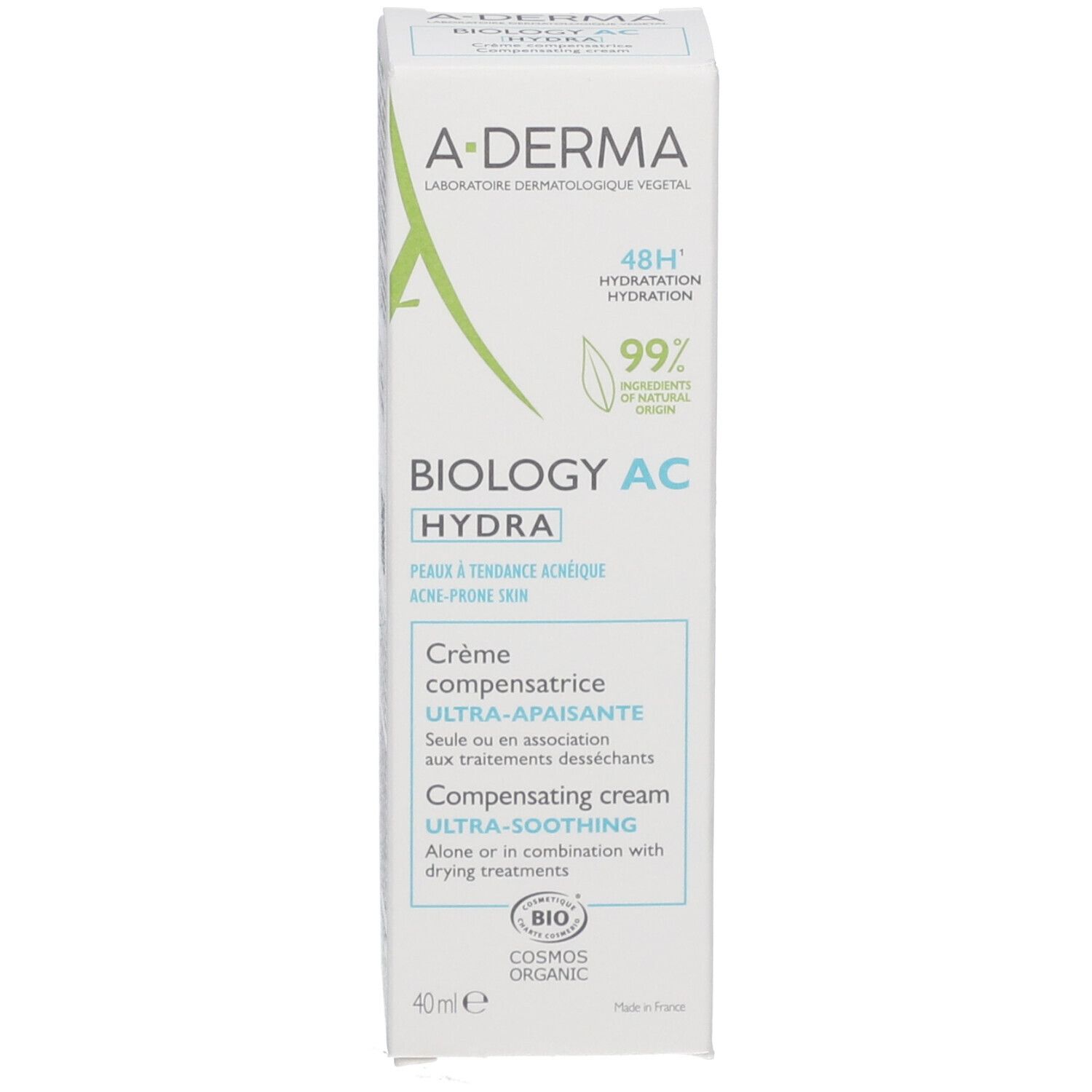 A-Derma Biology AC Hydra: Crema compensatrice 40ml per pelli a tendenza acneica, 99% ingredienti di origine naturale.