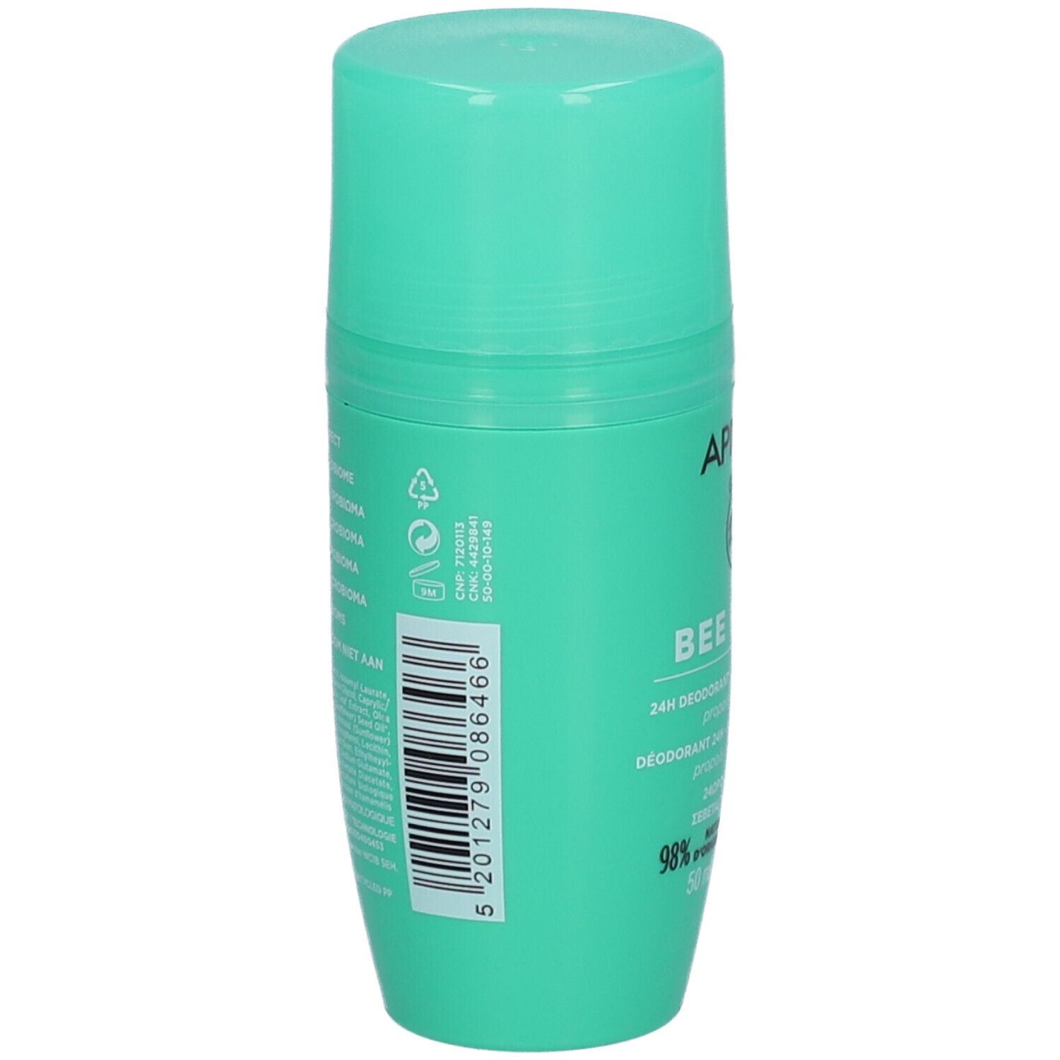 Retro del deodorante verde APIVITA. Codice a barre e testo multilingue.