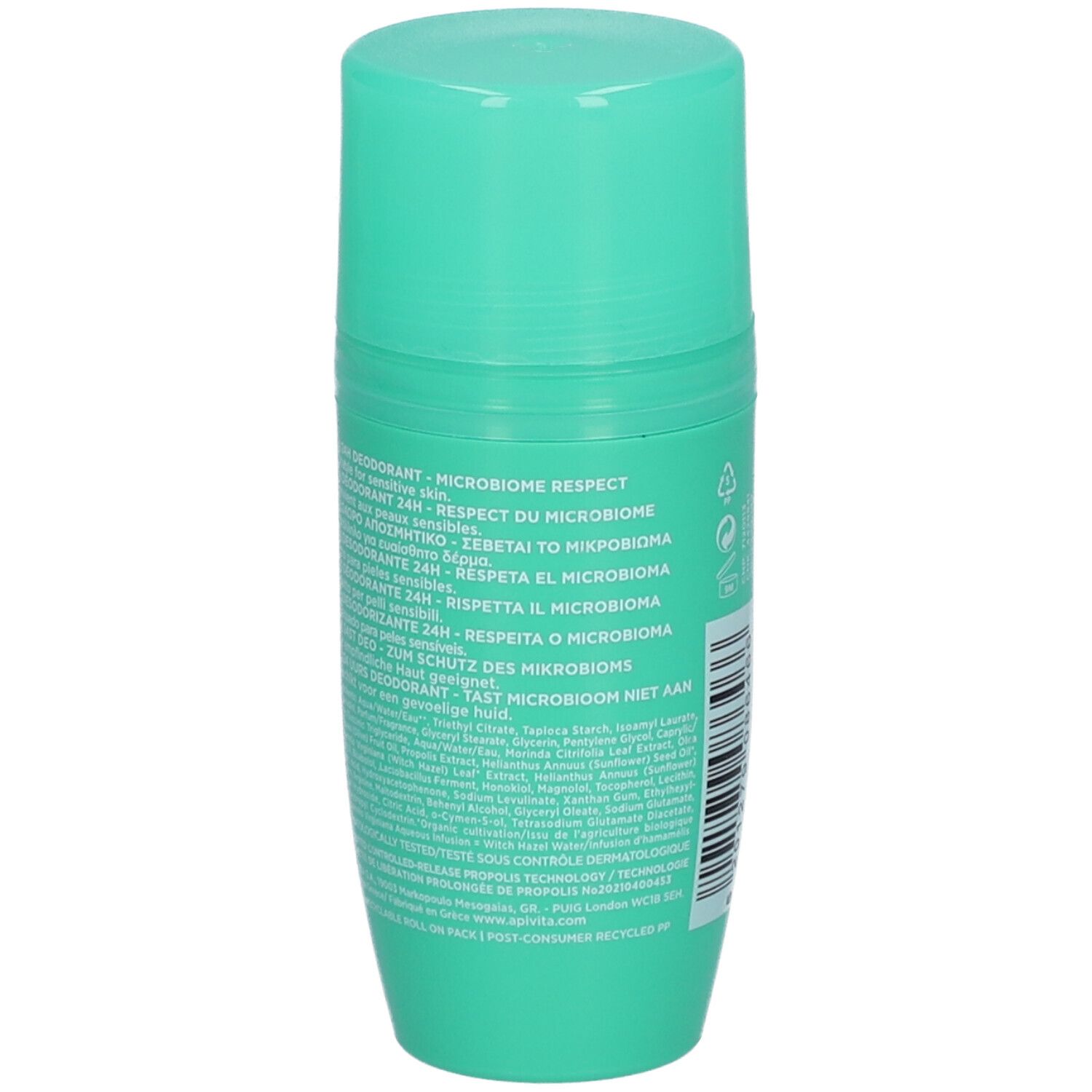 Retro del deodorante verde APIVITA. Testo multilingue.