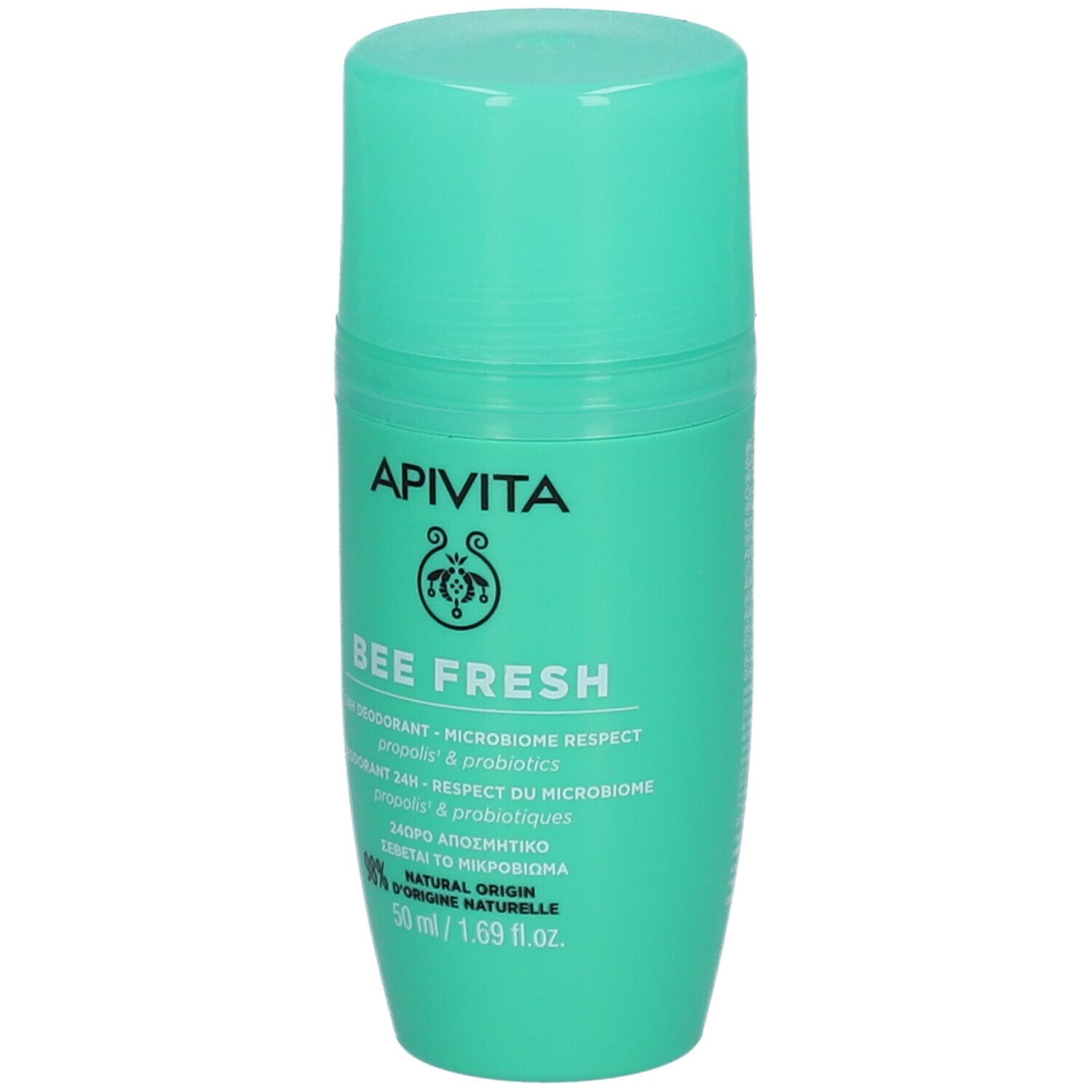 Deodorante verde APIVITA. Scritta: Bee Fresh, deodorante 24h, 98% origine naturale, 50 ml.