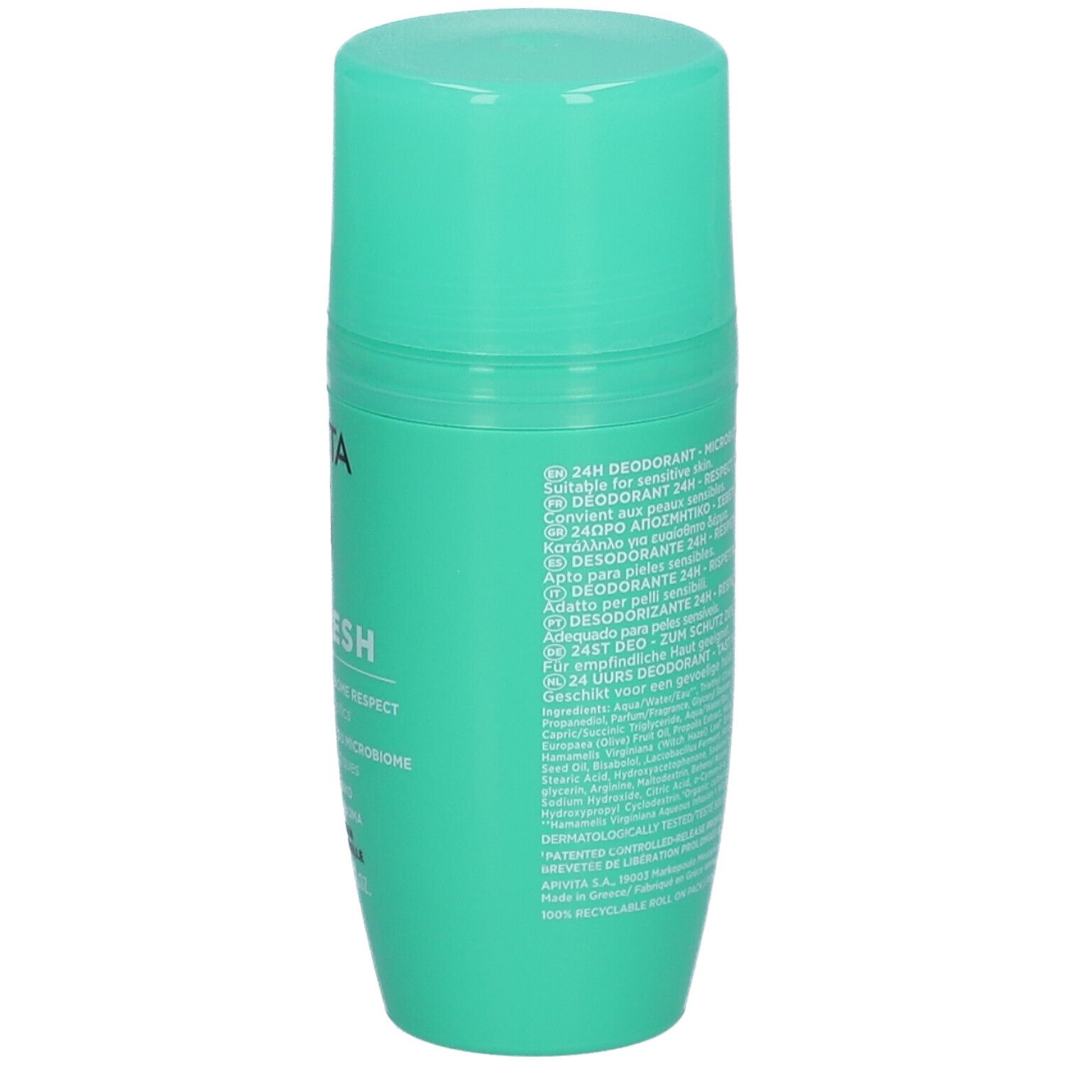Retro del deodorante verde APIVITA. Testo multilingue.