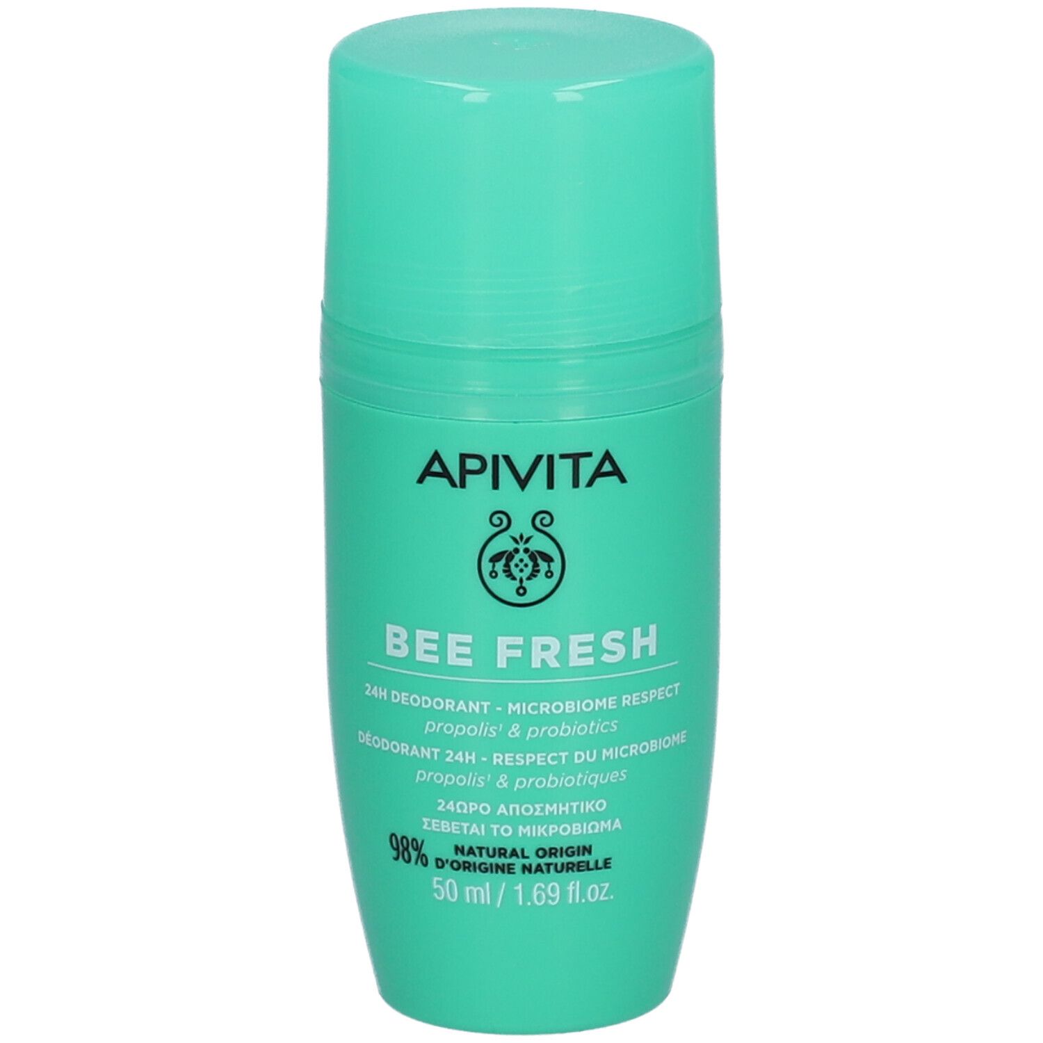 Deodorante verde APIVITA. Scritta: Bee Fresh, deodorante 24h, 98% origine naturale, 50 ml.