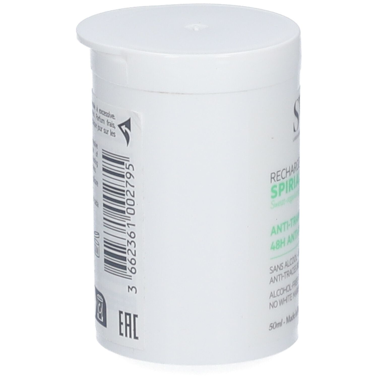SVR SPIRIAL Roll-On Antitraspirante, vista laterale. Contenitore bianco con scritte e codice a barre.
