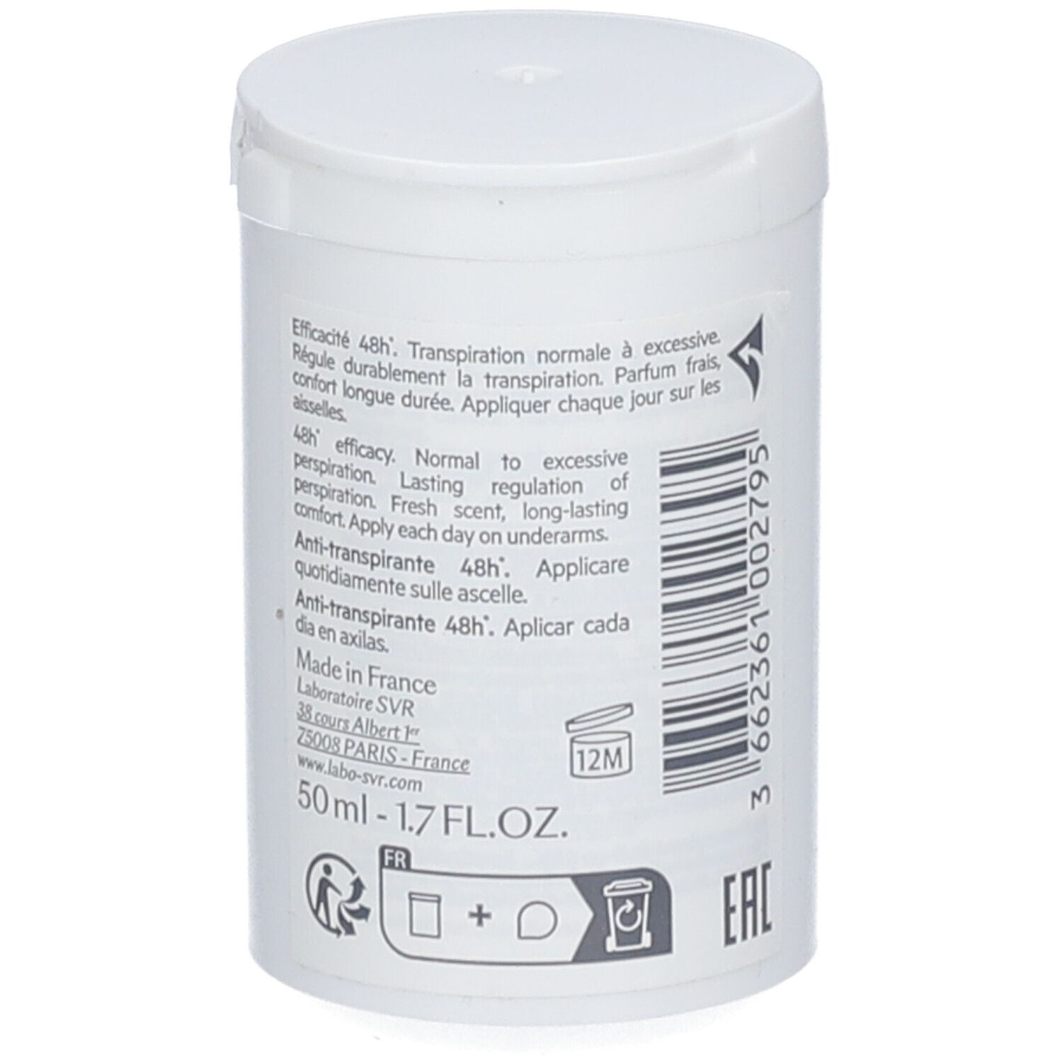 Retro del contenitore SVR SPIRIAL Roll-On Antitraspirante. Scritte multilingue, 50ml.