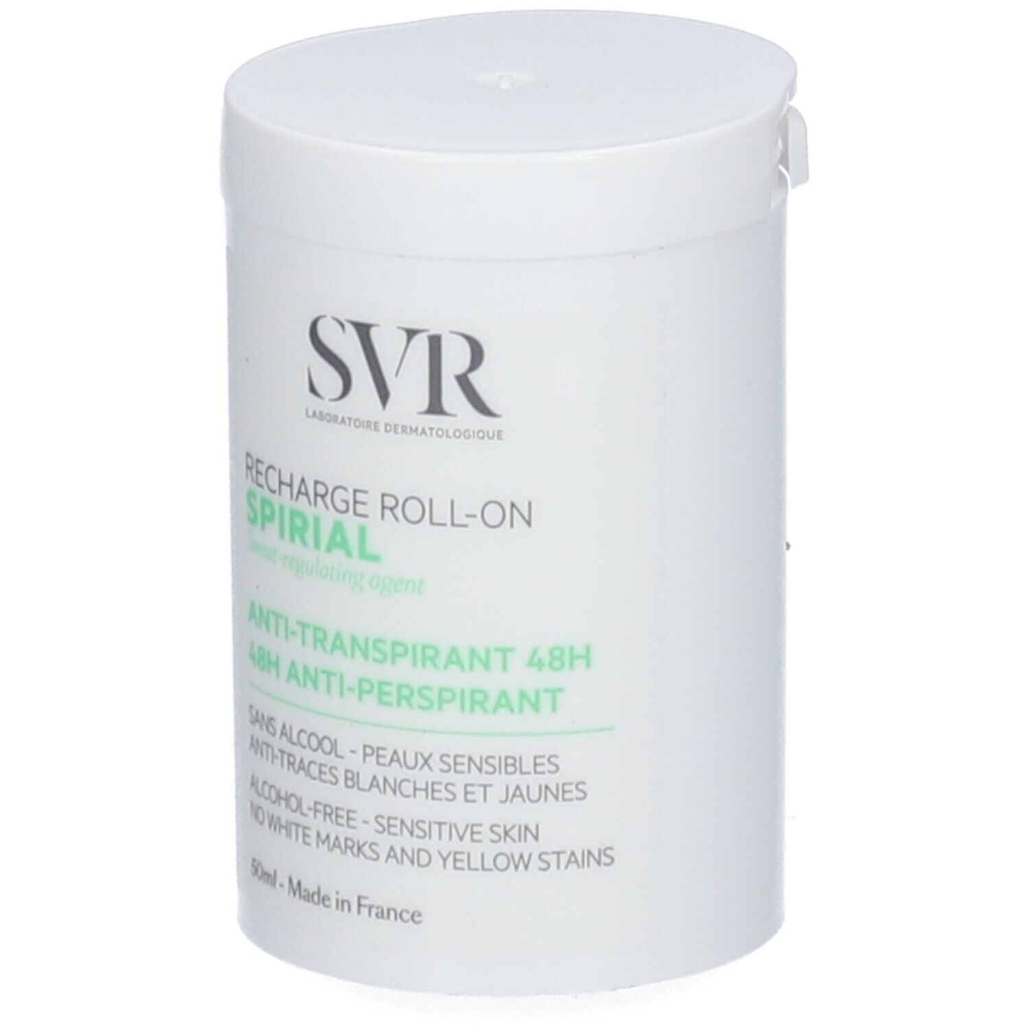 SVR SPIRIAL Roll-On Antitraspirante, 50ml. Contenitore bianco con scritte.